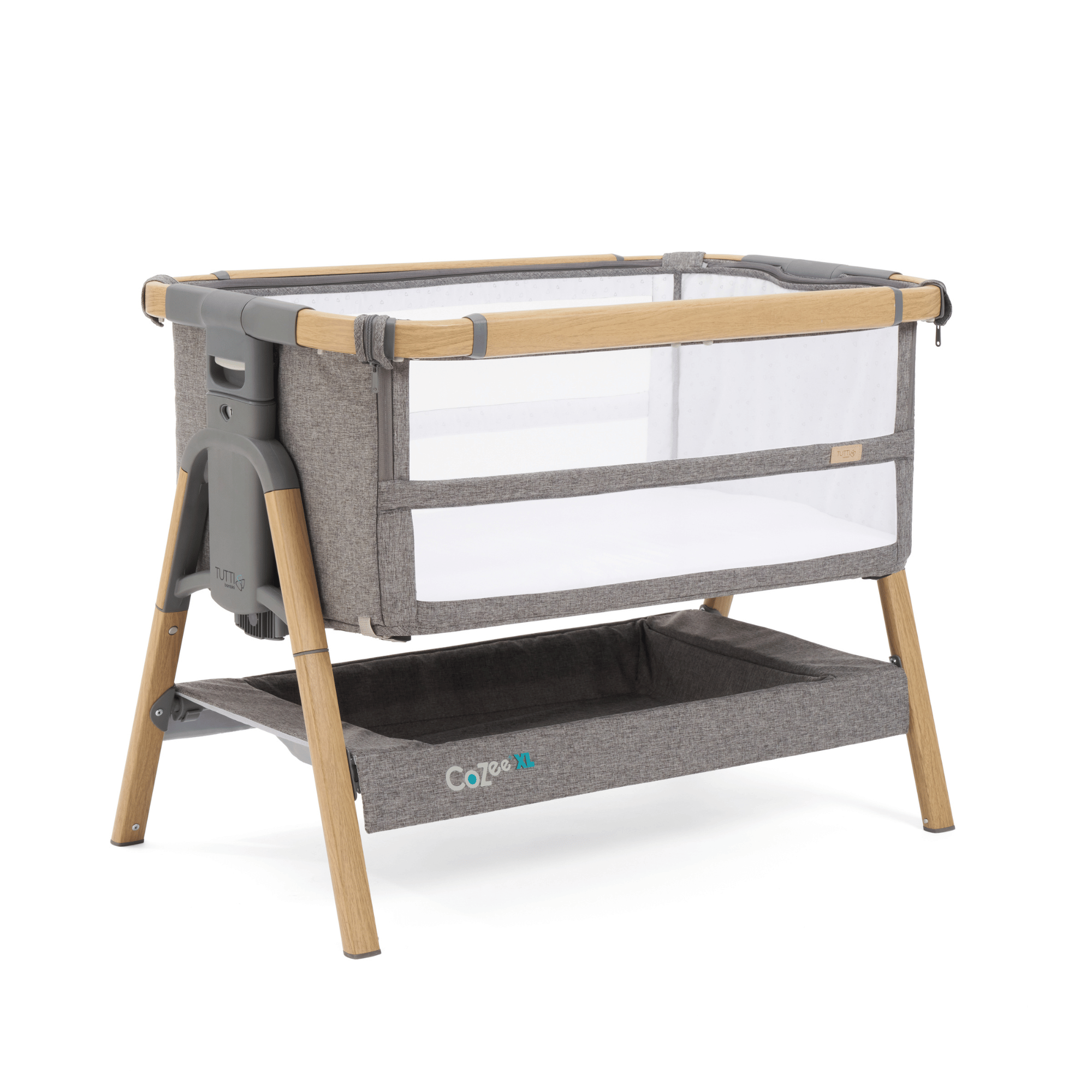 CoZee XL Bedside Crib in Oak and Charcoal, featuring a practical shelf underneath for easy storage