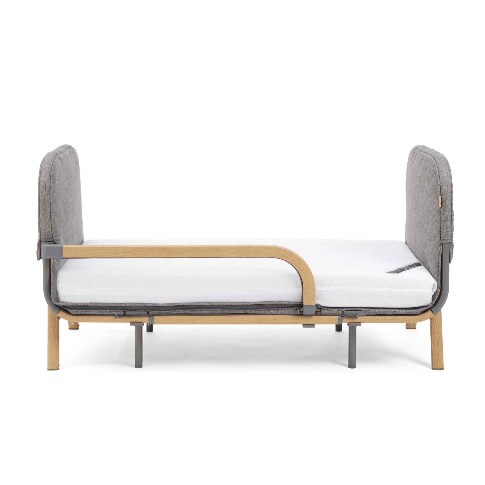 CoZee XL Toddler Bed in Oak and Charcoal, offering a safe transition from crib to bed