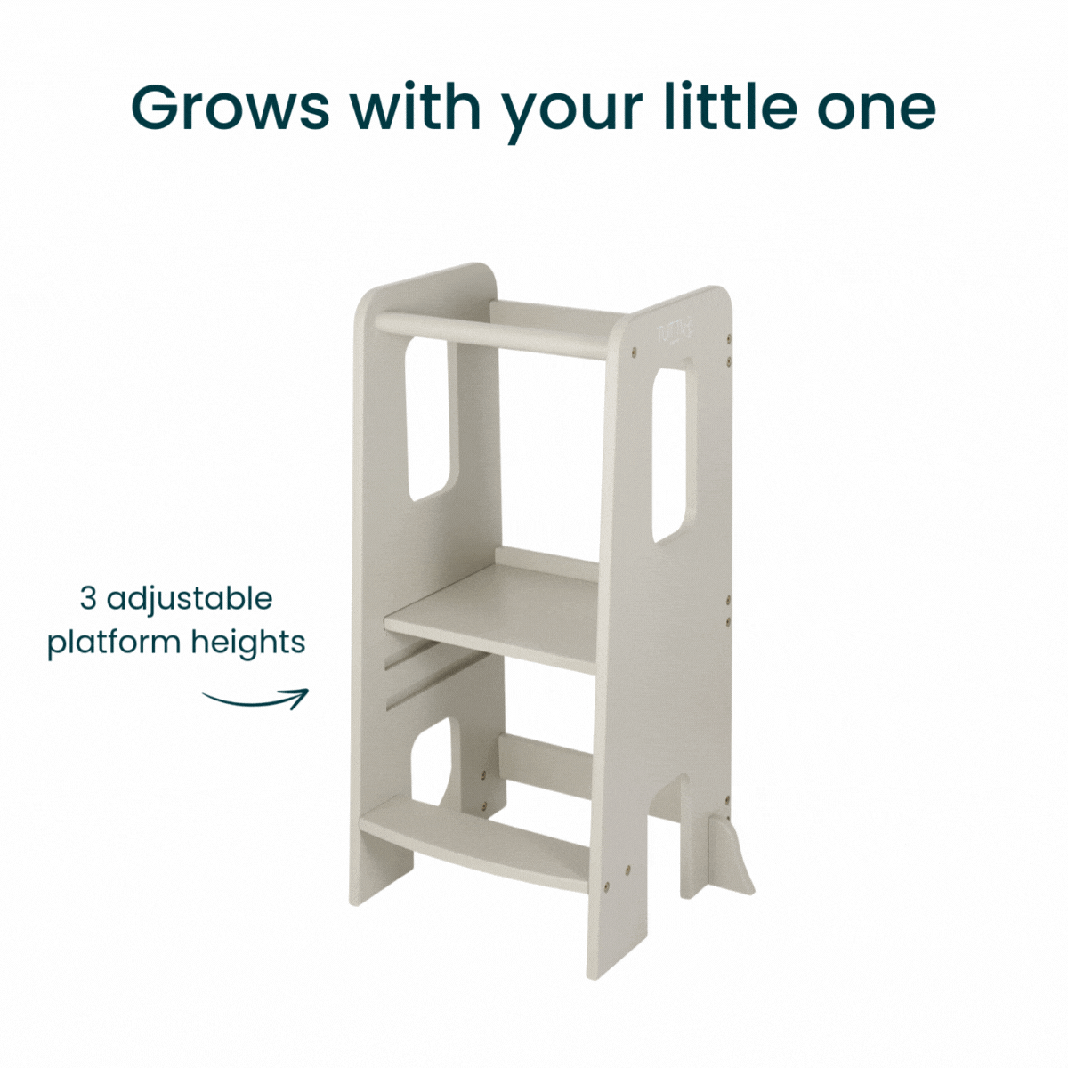 Animated gif of the Helping Hands Montessori toddler learning tower in mushroom, showing three adjustable platform heights as child grows