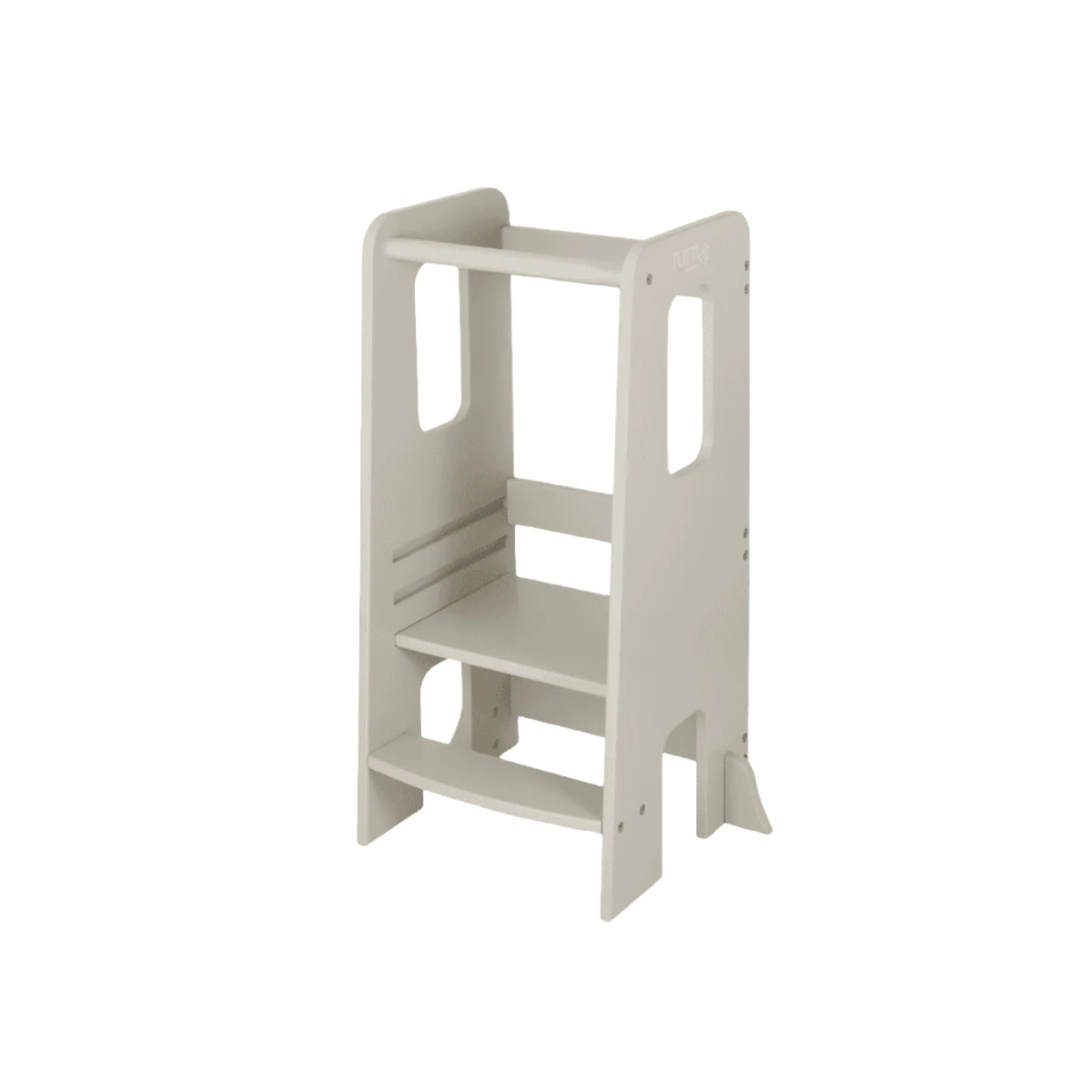 Angled cutout of the Helping Hands Montessori toddler learning tower in mushroom finish, displaying side handles and supportive base