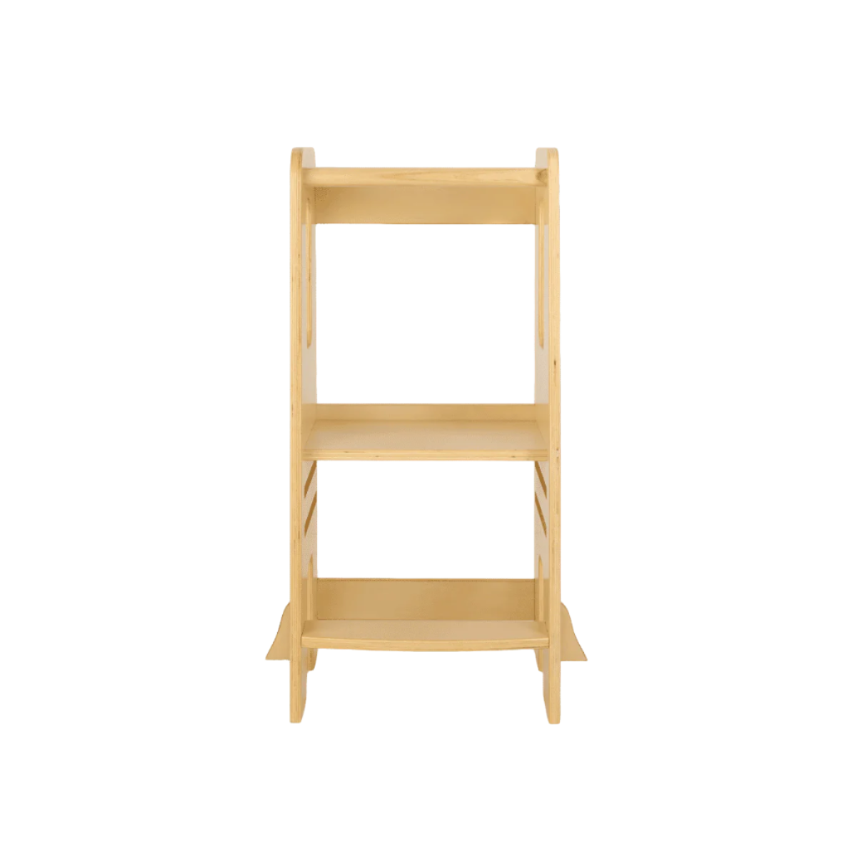 Front cutout view of the Helping Hands Montessori toddler learning tower in natural wood, showing sturdy frame and adjustable platform levels