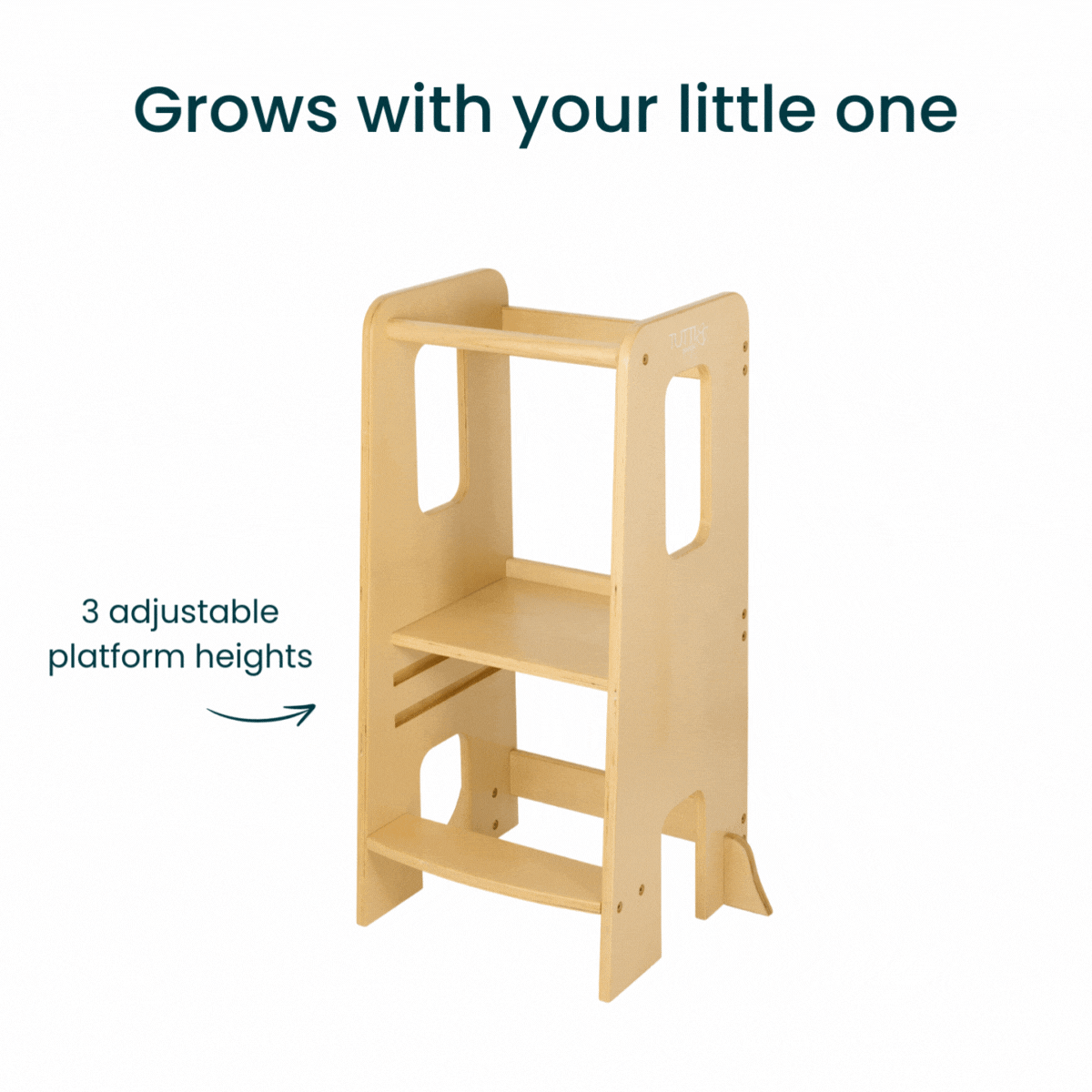 Gif of the Helping Hands Montessori toddler learning tower in natural finish, demonstrating three adjustable platform heights for growing children