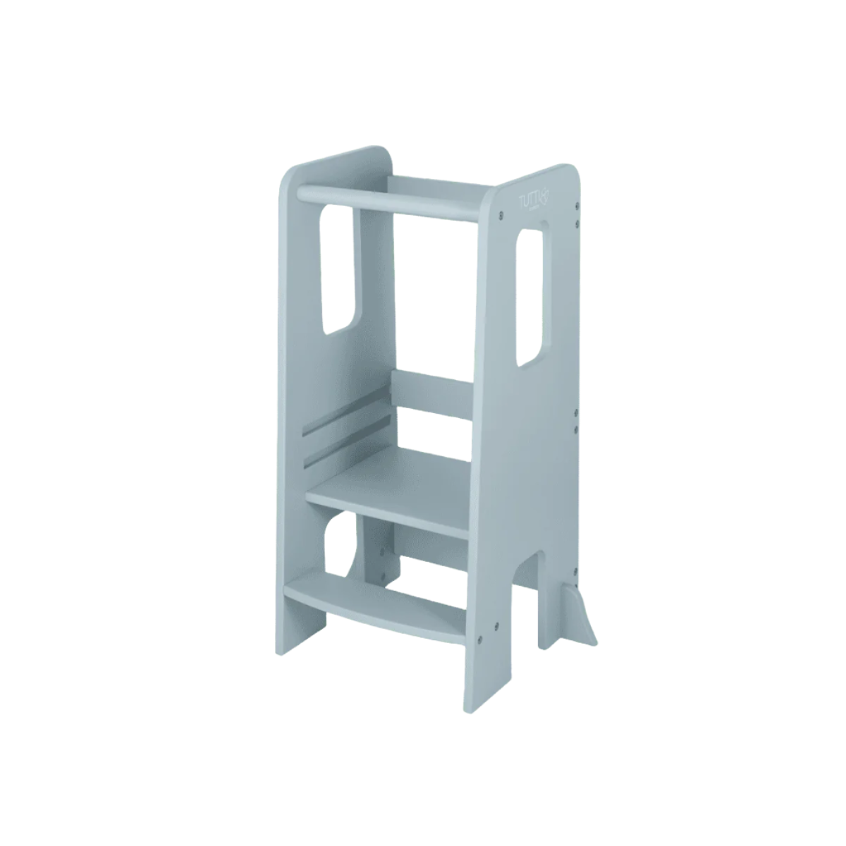 Angled cutout of the Helping Hands Montessori toddler learning tower in ocean stone, showcasing smooth edges and compact, space-saving design