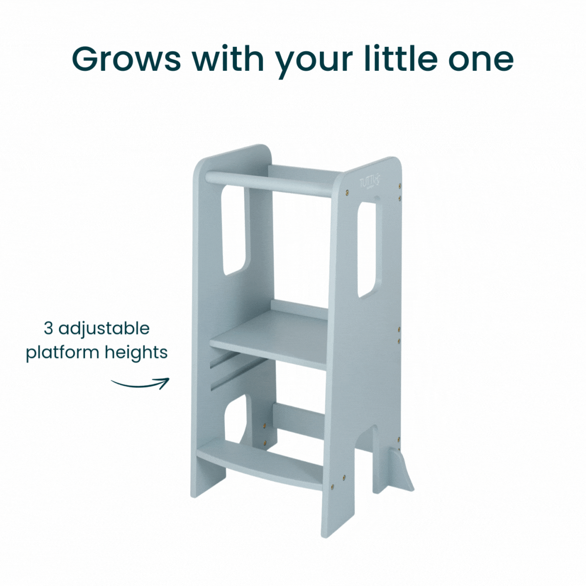 GIF of the Helping Hands Montessori toddler learning tower in ocean stone, featuring 3 adjustable platform heights to grow with your child