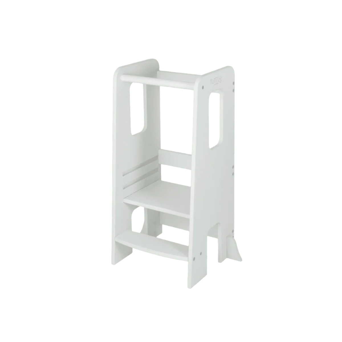 Angled cutout of the Helping Hands Montessori Toddler Learning Tower in sea mist, showing two-step platform with supportive side panels