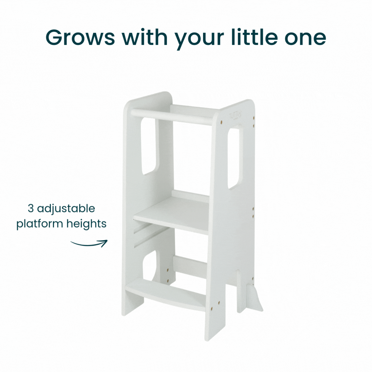 Animation of the Helping Hands Montessori Toddler Learning Tower in sea mist, showing three adjustable platform heights to grow with child