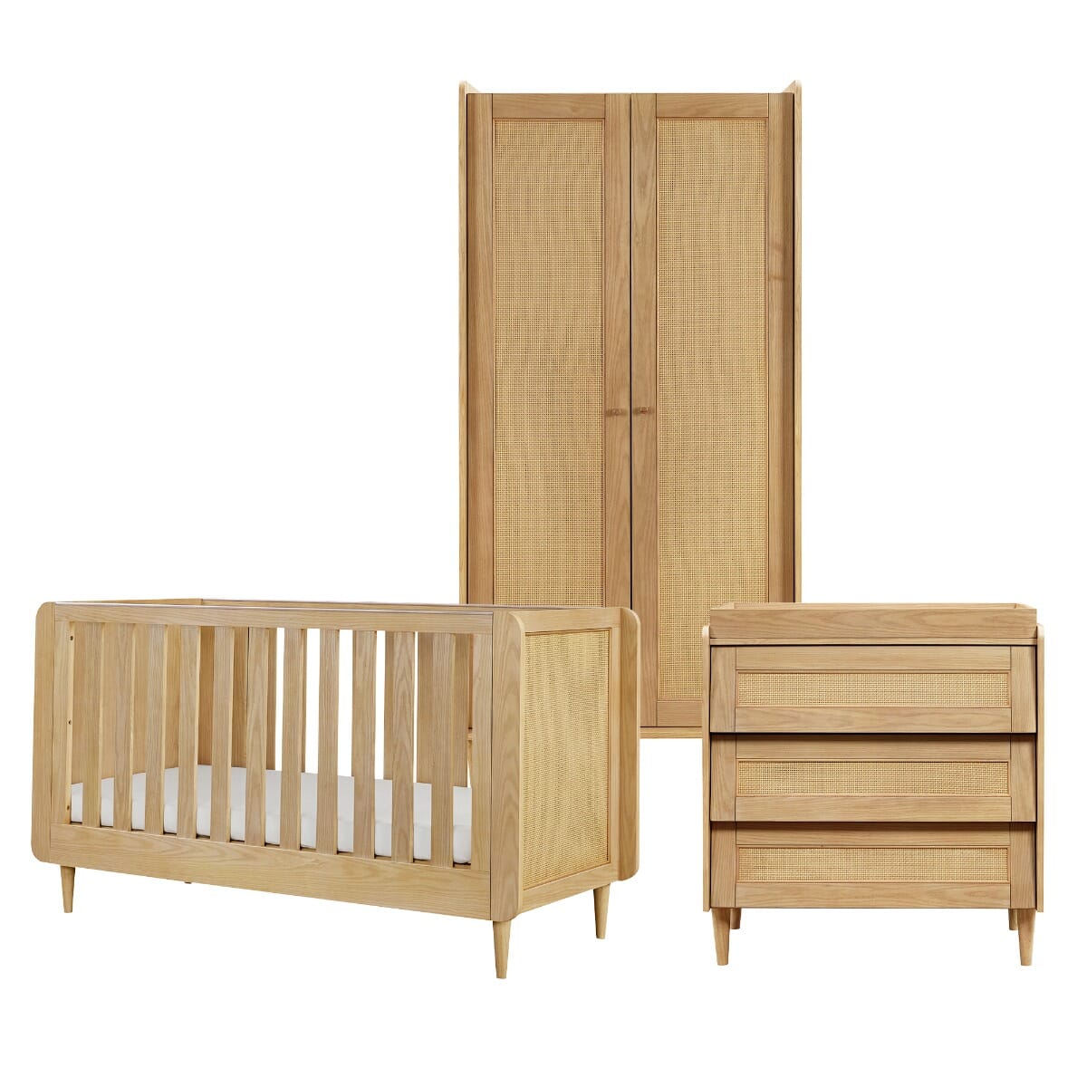 Japandi 3-piece nursery furniture set in light oak, includes a cot bed, chest changer, and double wardrobe, all with natural cane panels and clean lines.