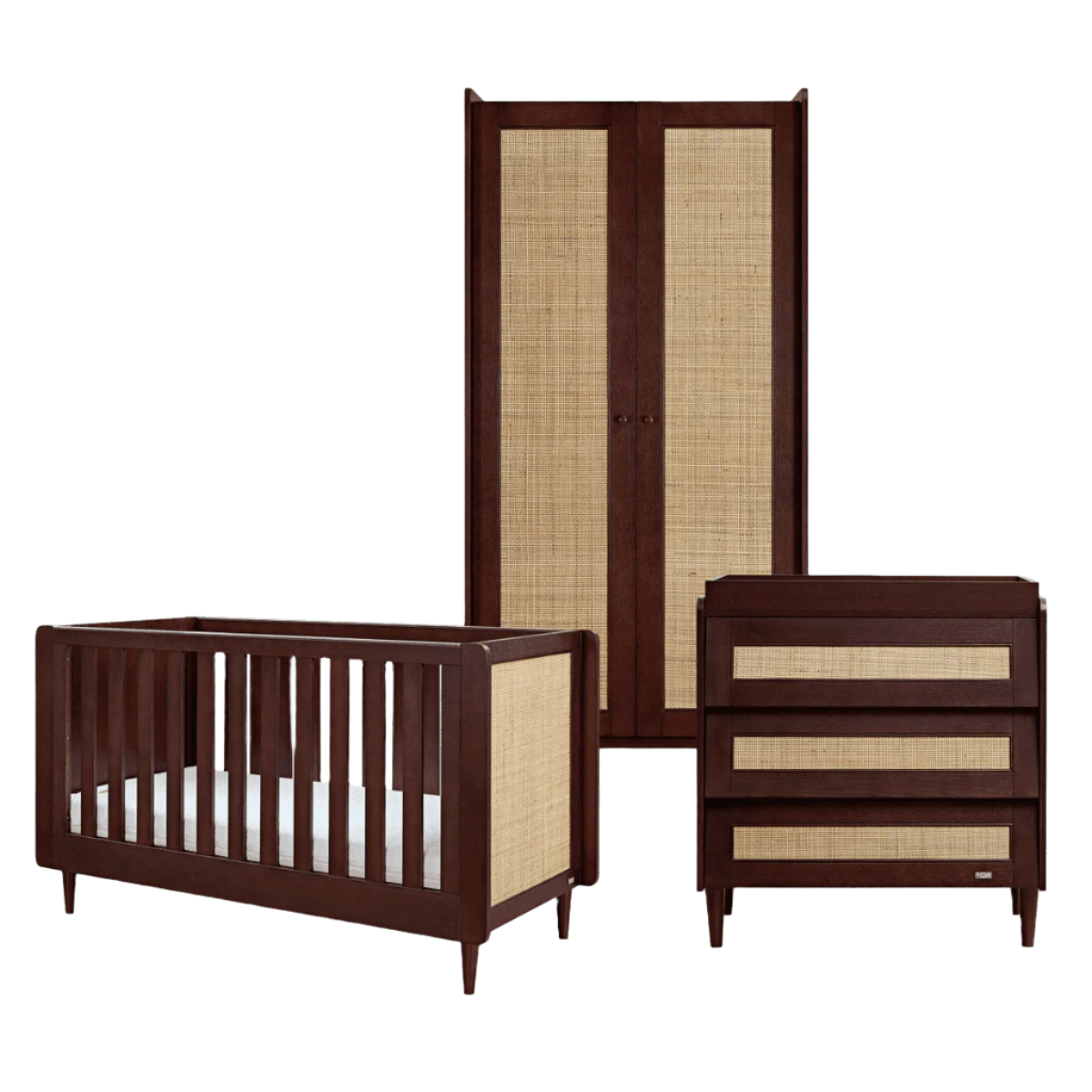 Japandi nursery furniture set in warm walnut, including cot bed, chest changer, and wardrobe with rattan panels, offering a coordinated look and multifunctional storage solutions.