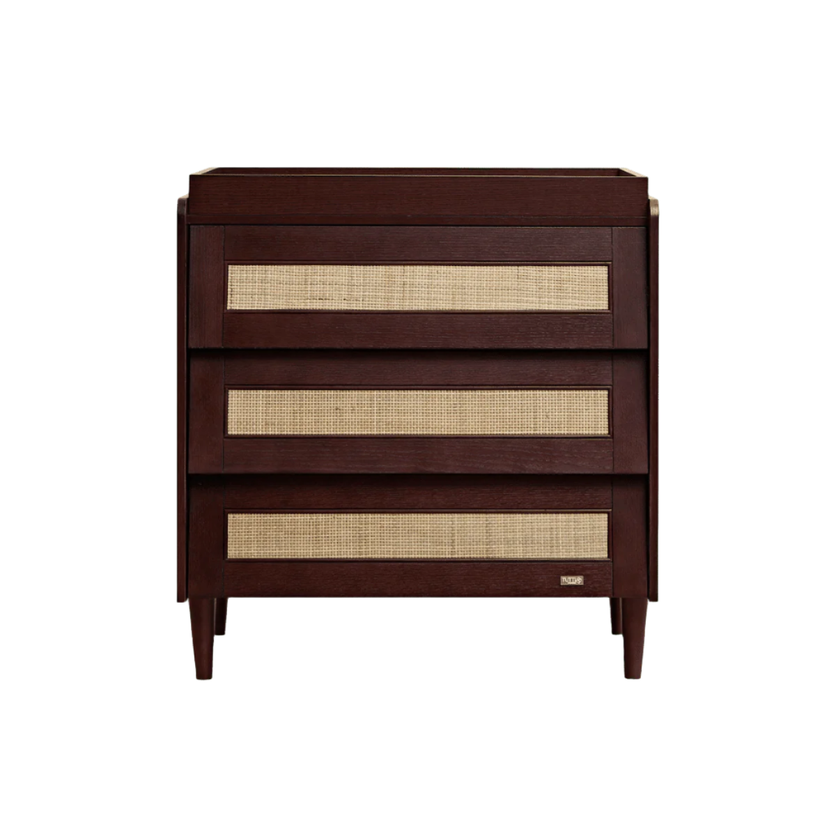 Japandi chest changer in warm walnut with three spacious drawers, rattan detailing, and a removable changing top for versatile use.