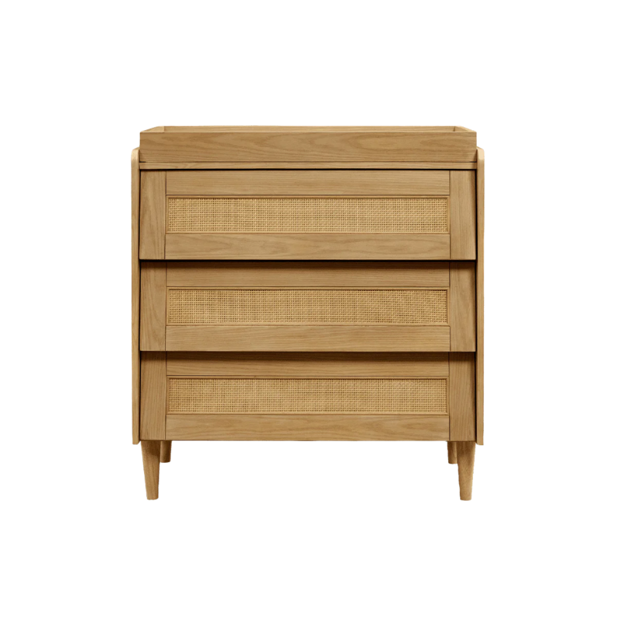 Japandi chest changer in light oak finish, shown from the front with integrated changing top and textured drawer fronts for stylish nursery storage.