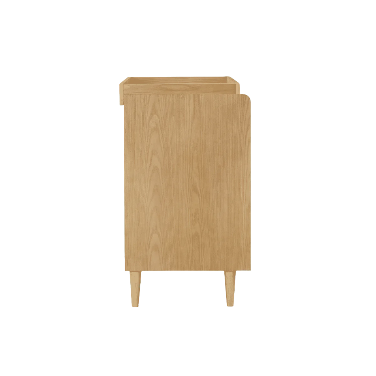 Side view of the japandi chest changer in light oak, showing compact profile, integrated changing top, and elegant natural woodgrain.