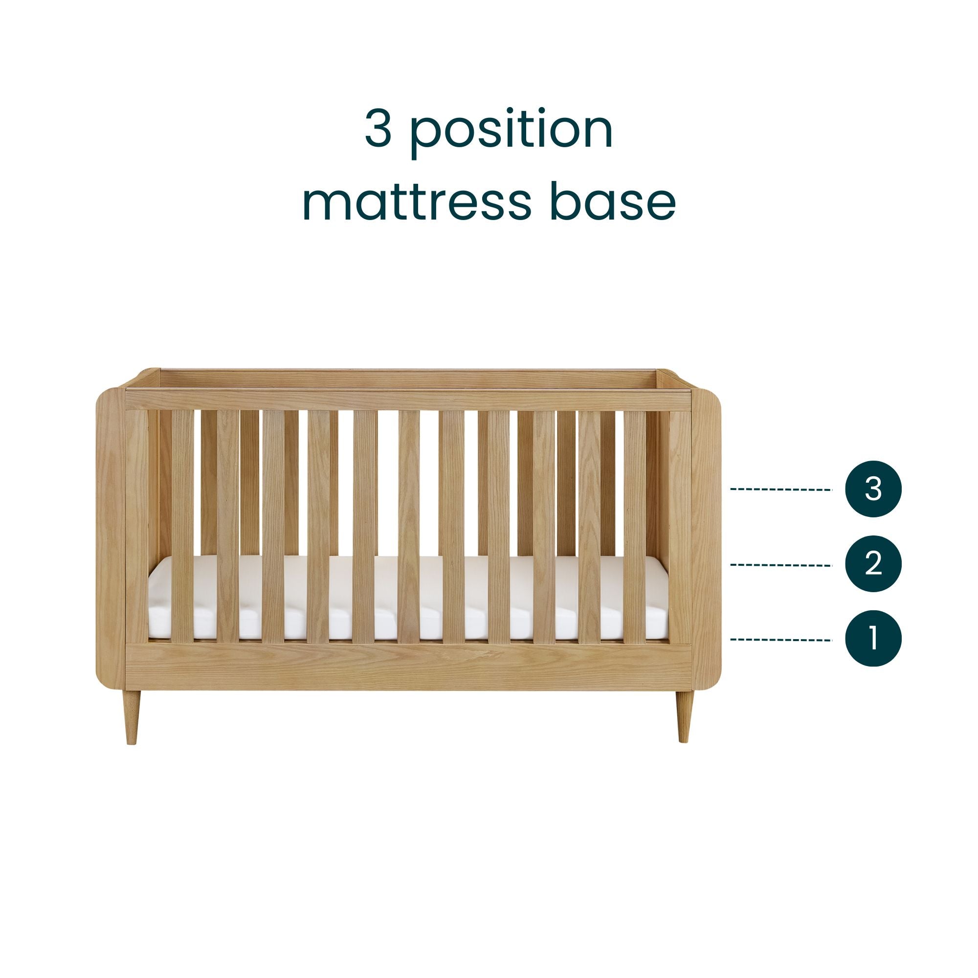 Japandi cot bed in light oak showing adjustable 3-position mattress base for enhanced comfort and accessibility.