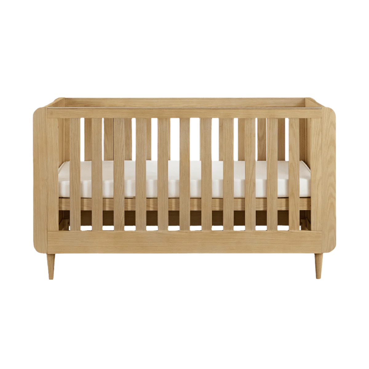 Cutout front view of the Japandi cot bed in light oak with slatted sides and rattan ends, designed for safe, breathable sleeping.