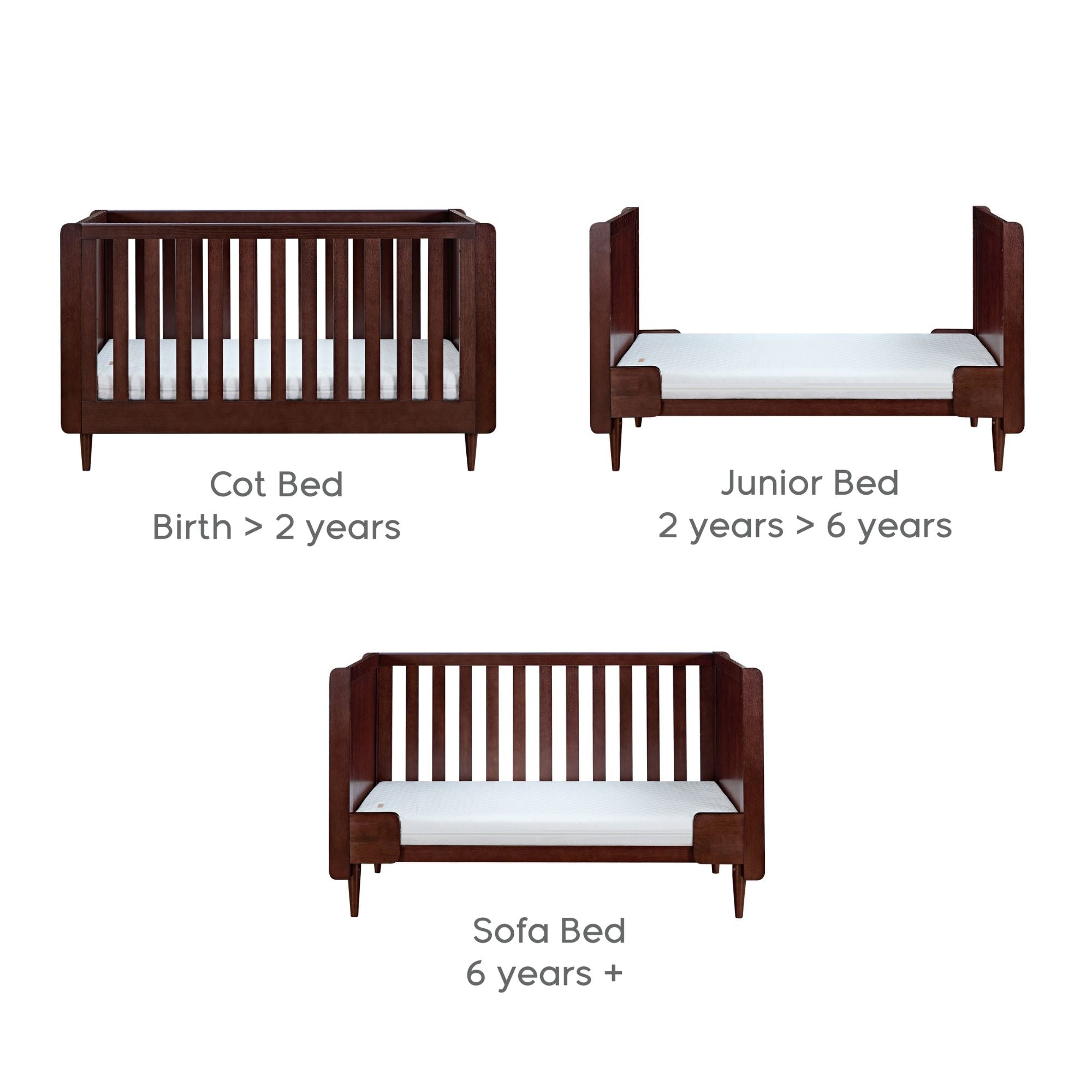 Japandi cot bed in warm walnut shown in cot, toddler, and sofa bed modes, illustrating its versatile 3-in-1 design that grows with your child from birth to 6+ years.