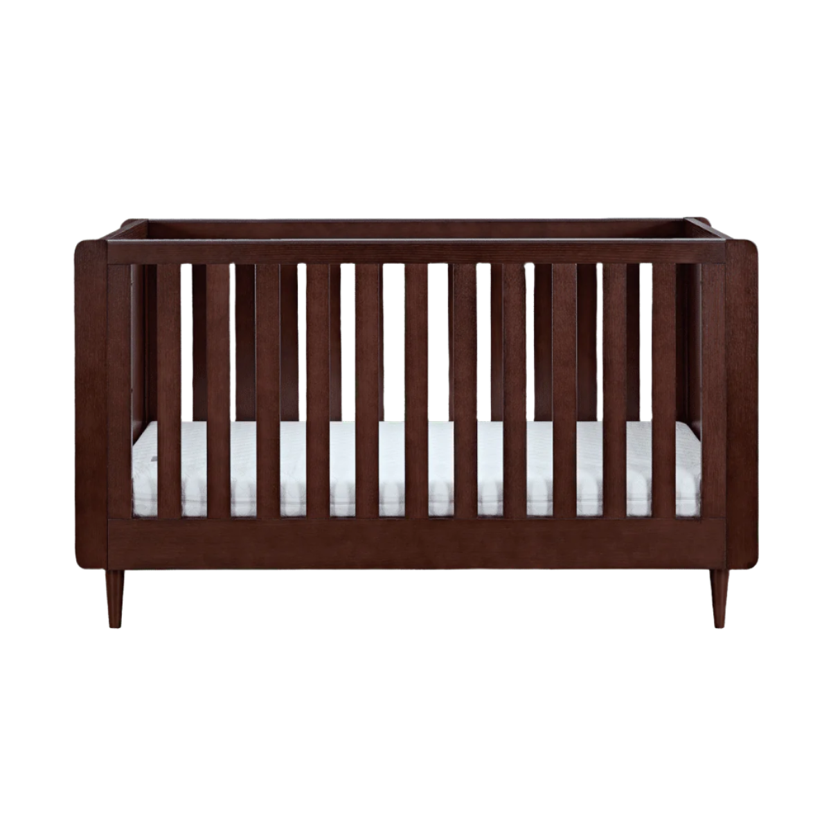 Japandi Mini Cot Bed in warm walnut shown from front in cutout view, featuring wide slats and compact frame for small spaces.