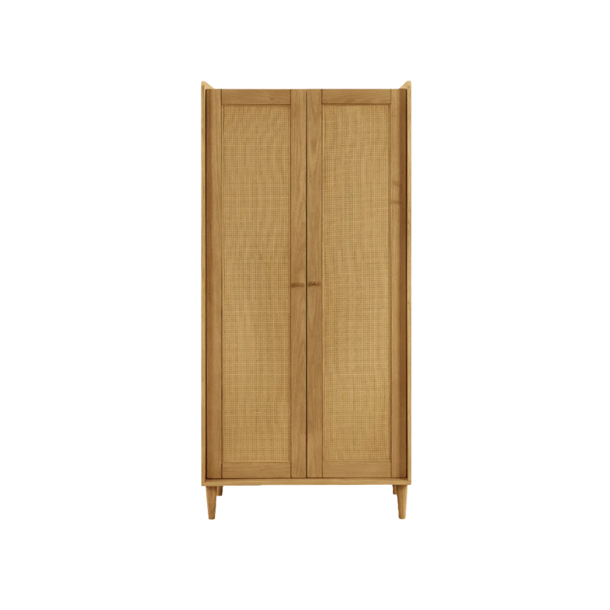 Front-facing view of the Japandi wardrobe in light oak, showcasing its full-height double doors, spacious interior with built-in hanging rail and shelving for practical nursery storage.