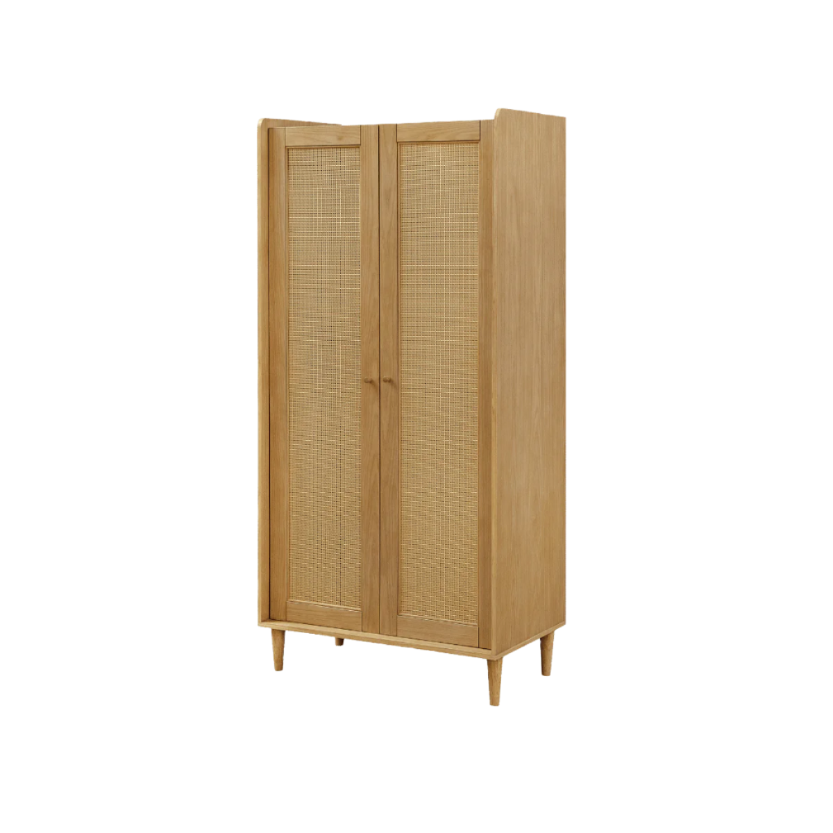 Japandi wardrobe in light oak shown at an angle with closed doors, highlighting the woven rattan panels and sleek minimalist profile.