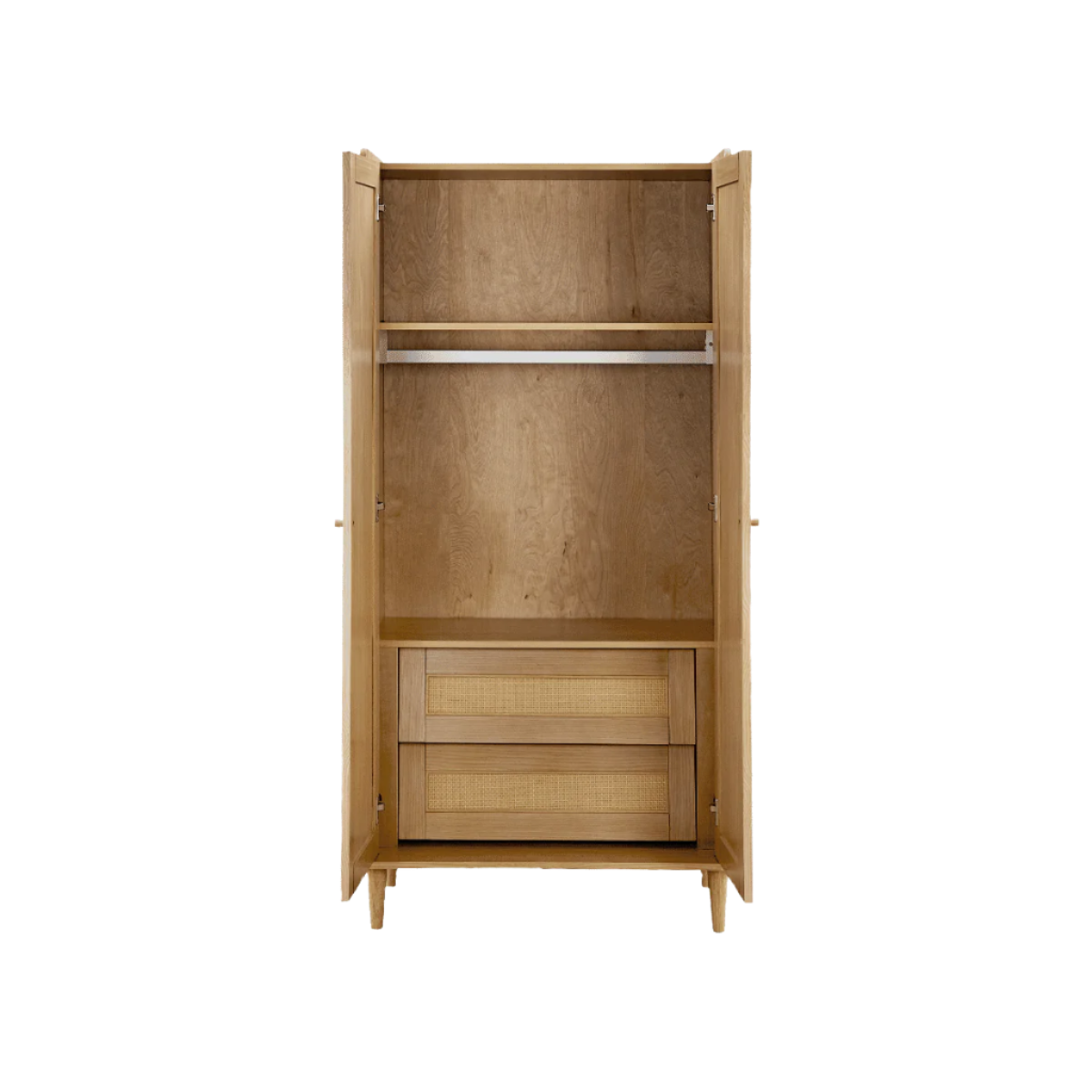 Japandi wardrobe in light oak with doors open, featuring an internal shelf, full-width hanging rail, and two lower drawers for practical nursery storage.