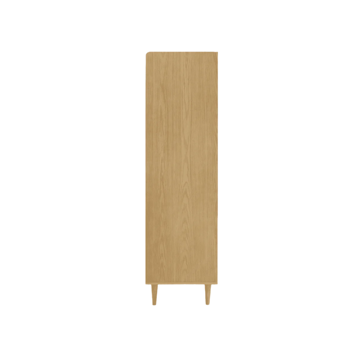 Side profile cutout of the Japandi wardrobe in light oak, showcasing smooth sides and compact footprint with natural finish.