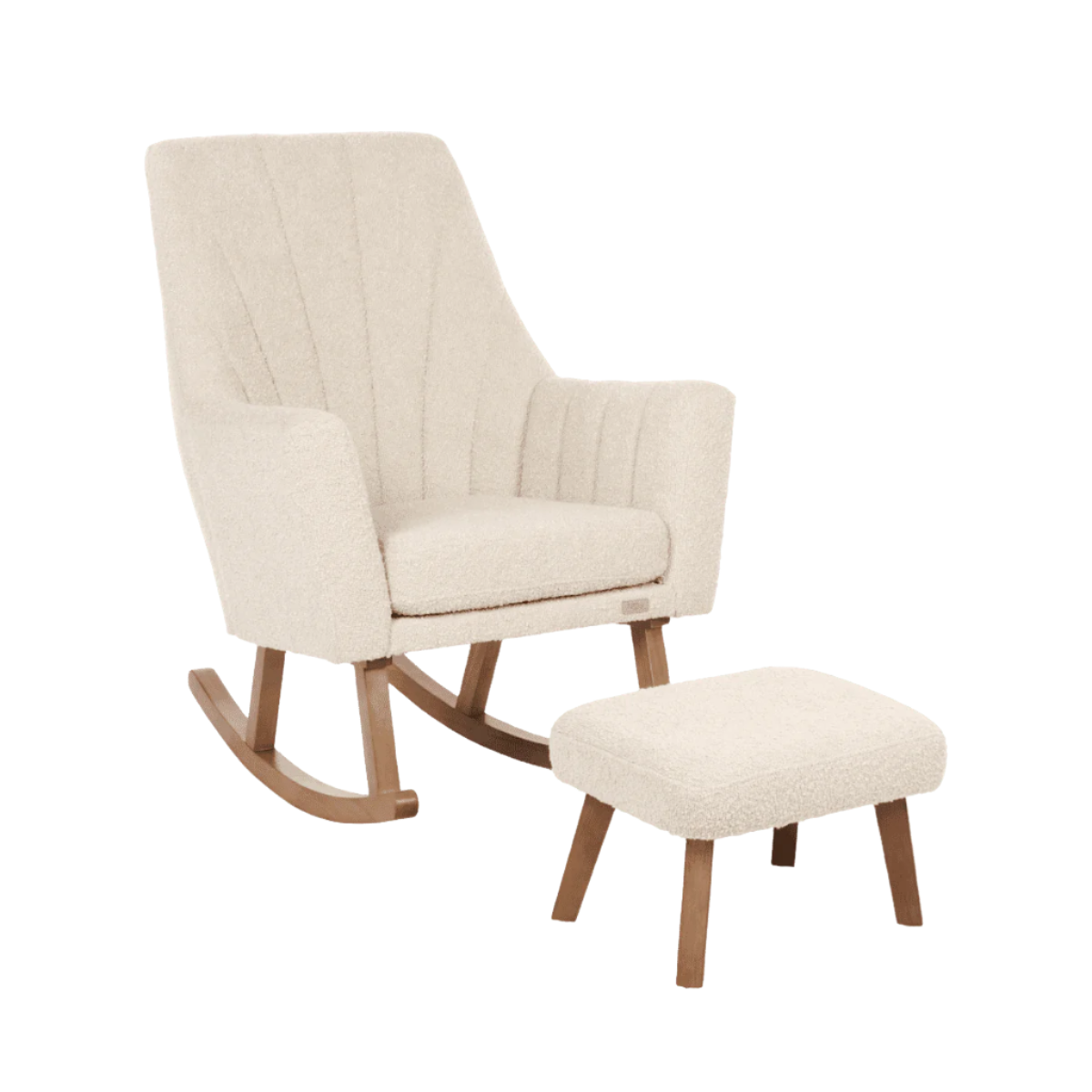 Jonah Luxe rocking chair and footstool in boucle mushroom shown from an angled cutout view, with plush cushion and curved wooden legs
