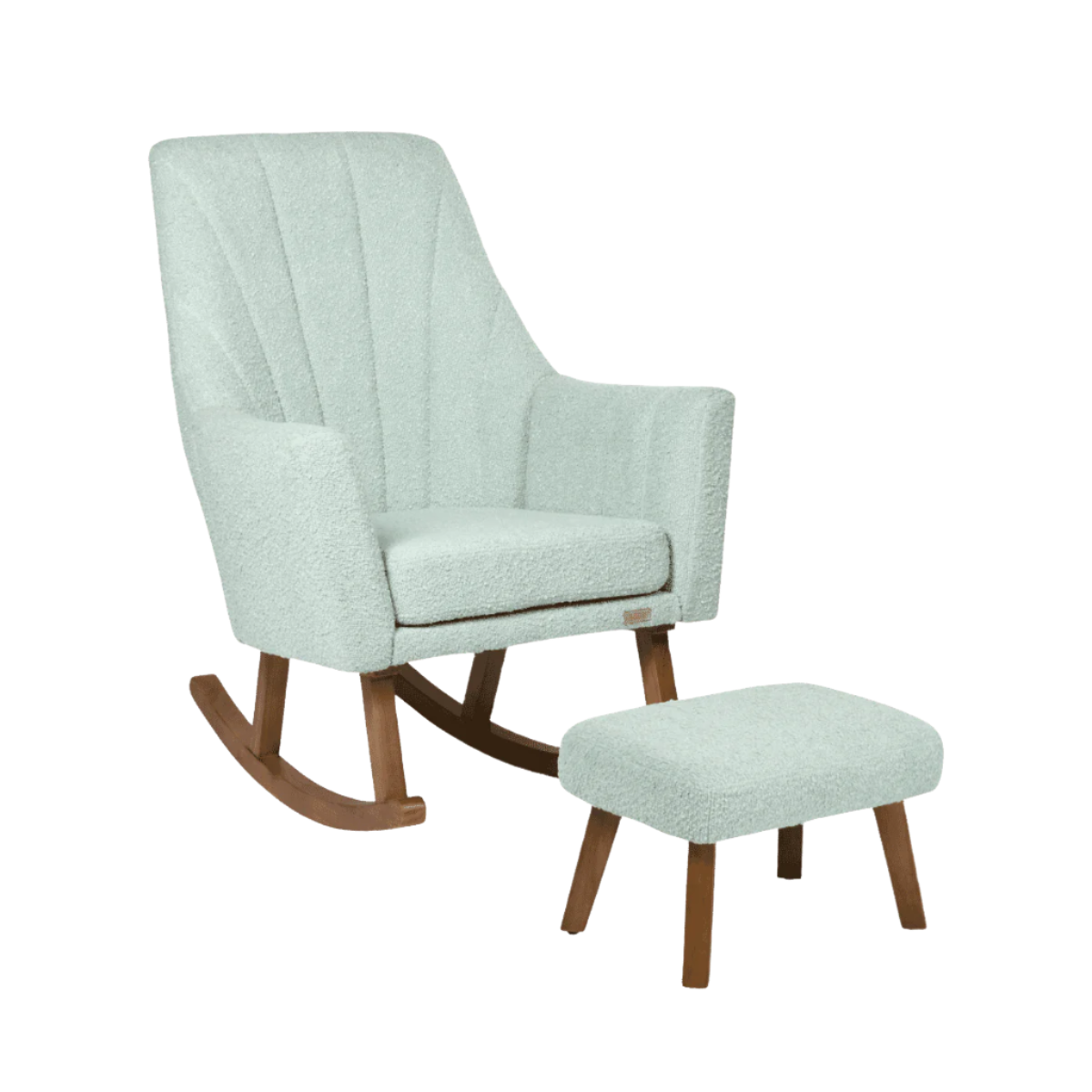 Cutout of the Jonah Luxe rocking chair and footstool in boucle ocean stone, featuring plush support, sculpted silhouette and curved oak runners