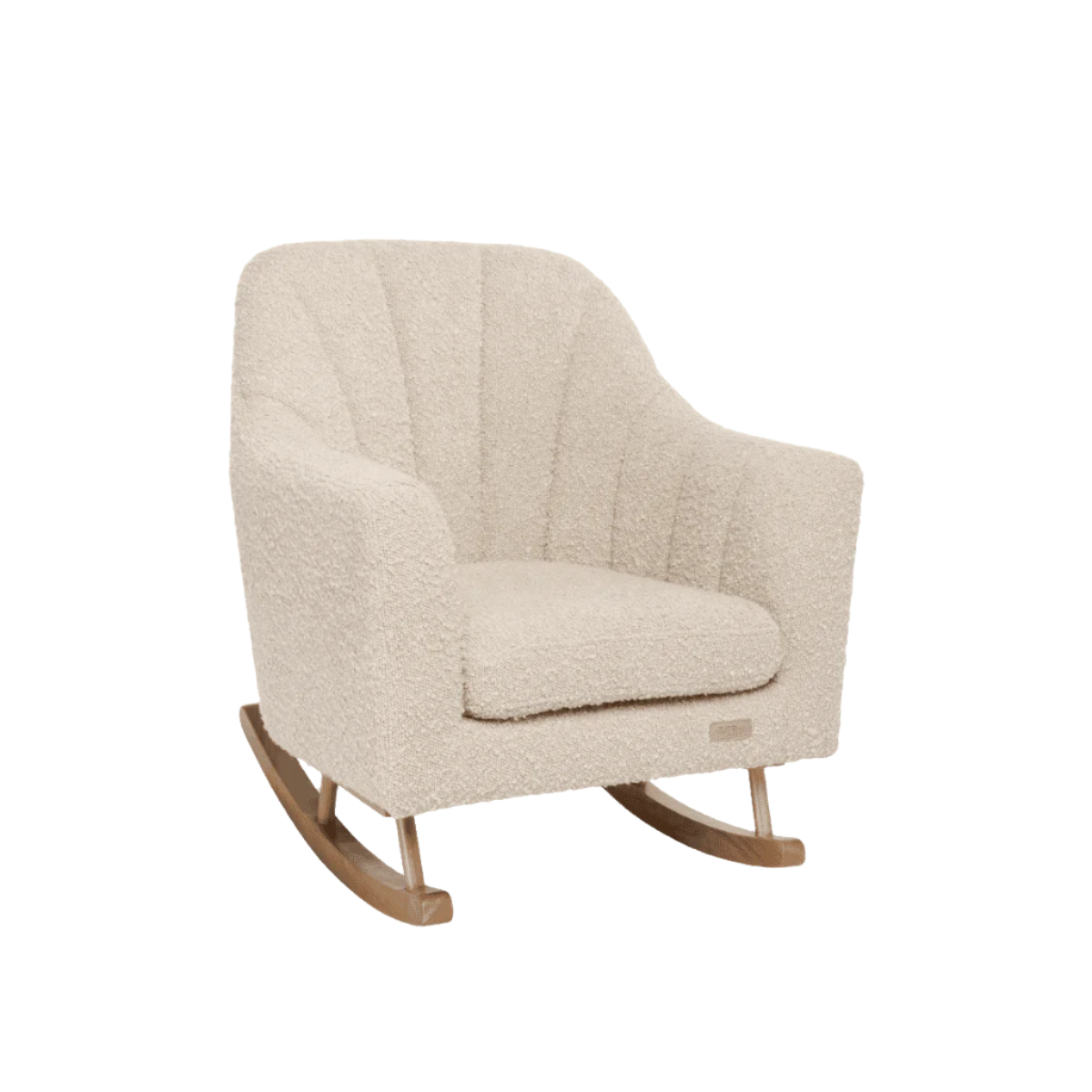 Angled cutout view of the Jonah Mini Me chair in boucle mushroom, featuring a cocooning shape and soft textured upholstery