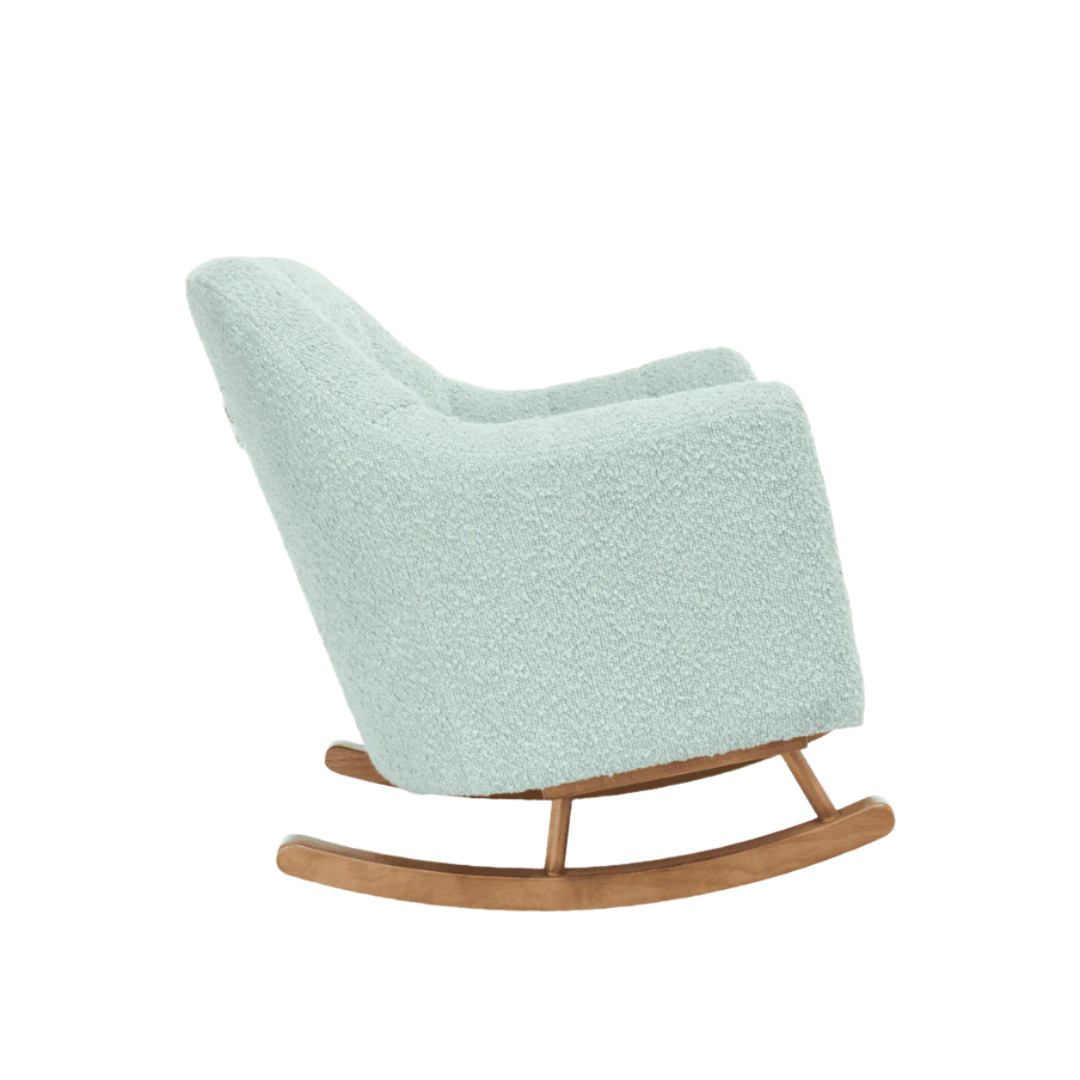 Side view of the Jonah Mini Me rocking chair in Ocean Stone, showing flared arms, cosy boucle texture, and curved wooden runners