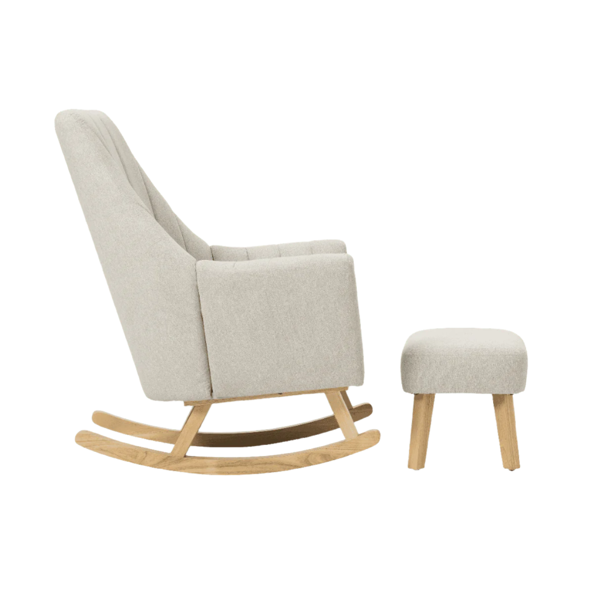 Side view of the Jonah rocking chair and footstool set in Pebble with wooden rocking legs and upholstered finish for a relaxing seating experience.