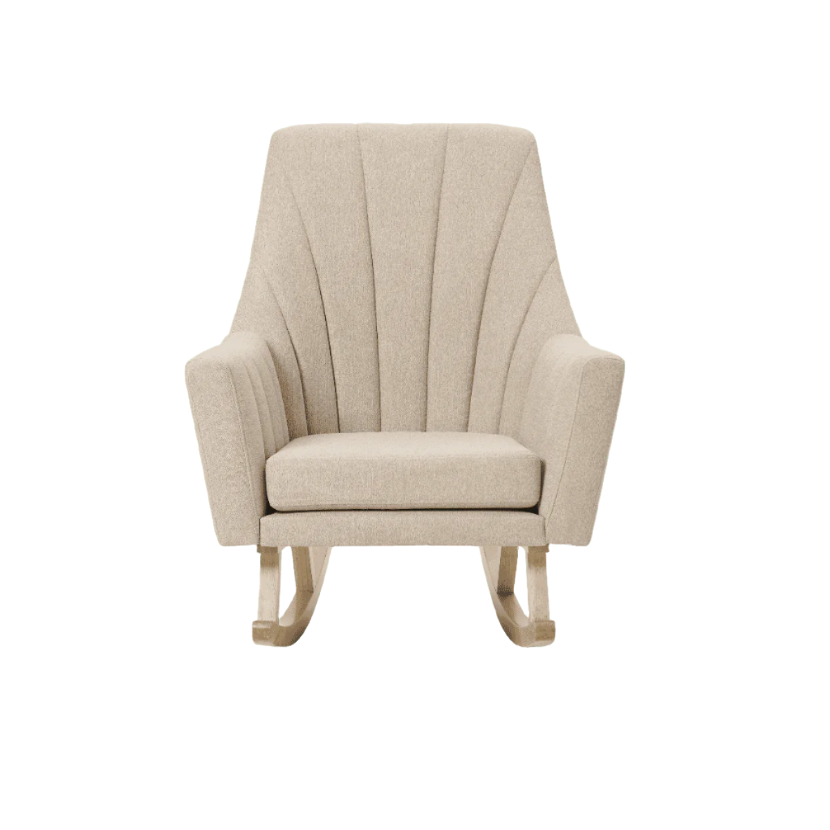 Front-facing view of the Jonah rocking chair in Stone featuring a tall scalloped backrest, thick padded seat, and gently curved wooden rockers for a classic nursery look.