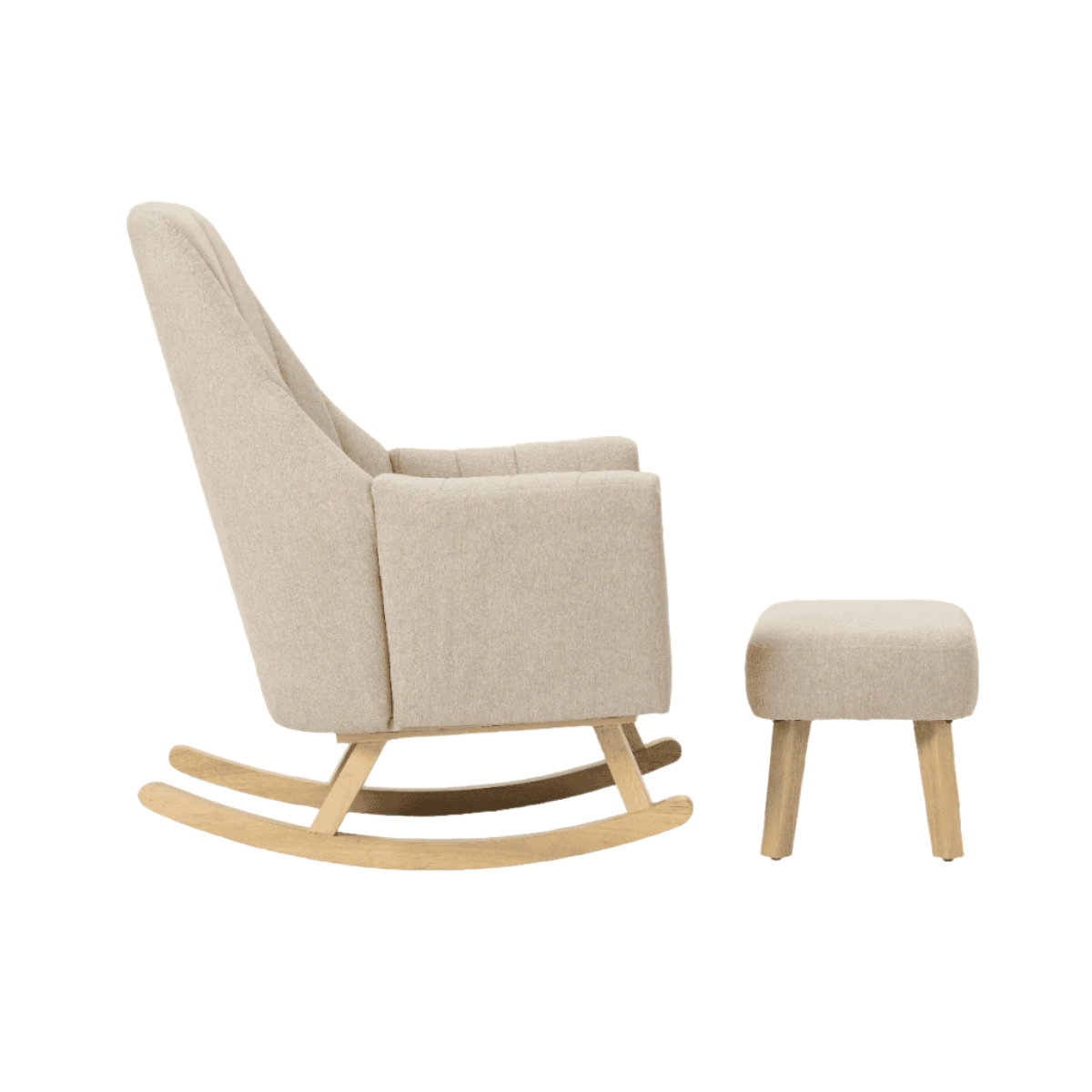 Side view of the Jonah rocking chair and footstool in Stone, showcasing the ergonomic seat angle, high armrests, and supportive footstool for optimal relaxation.