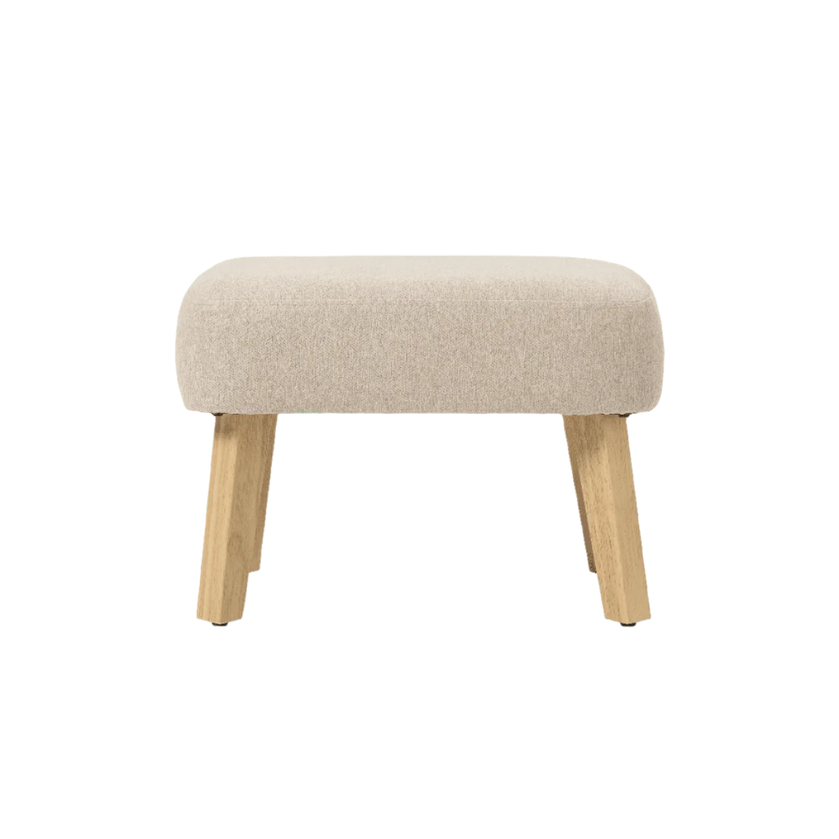 Front-facing view of the Jonah footstool in Stone with softly upholstered seat and angled natural wood legs, designed for comfort and style.