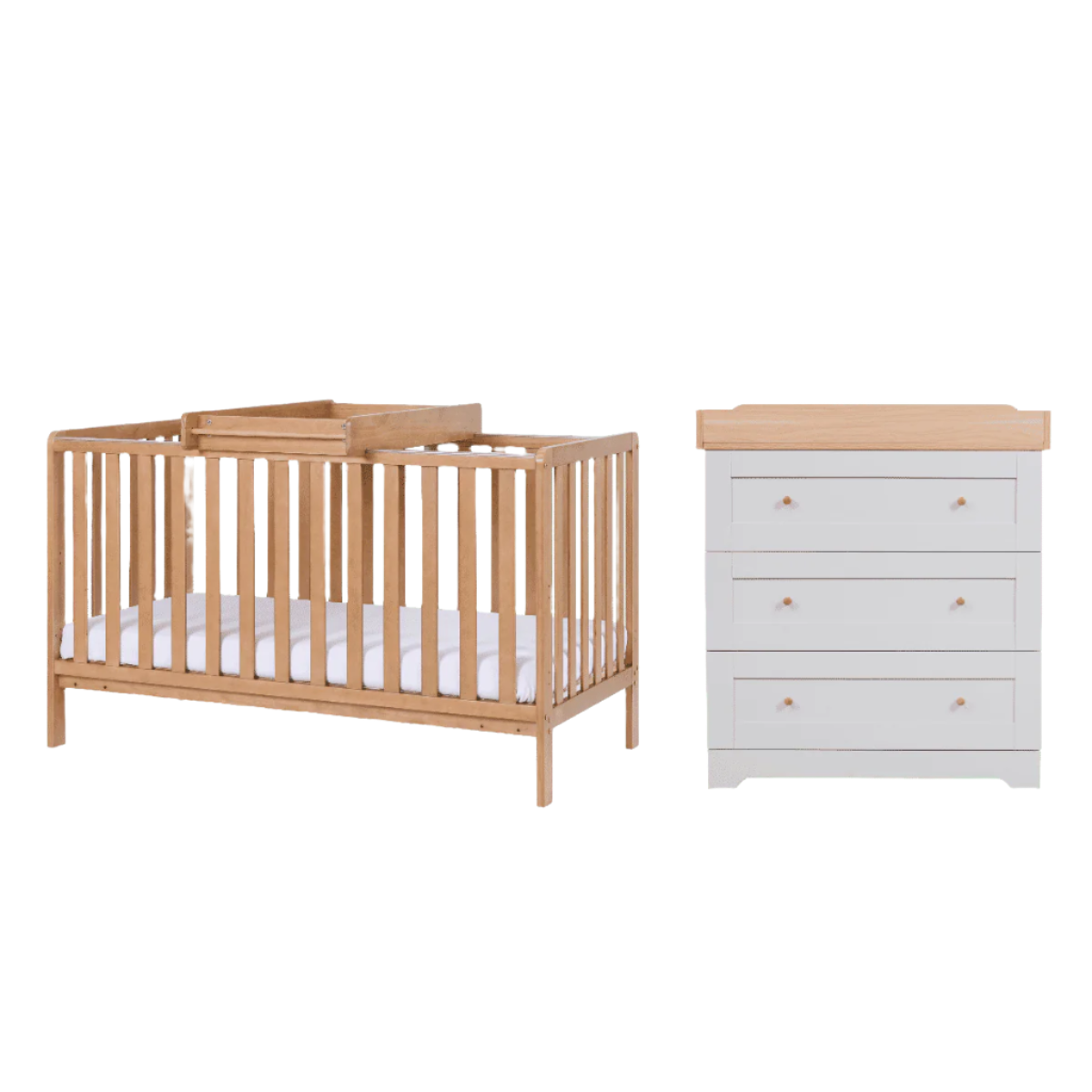 Cutout of Malmo cot bed and Rio chest changer in oak and dove grey, highlighting coordinating finishes and compact design