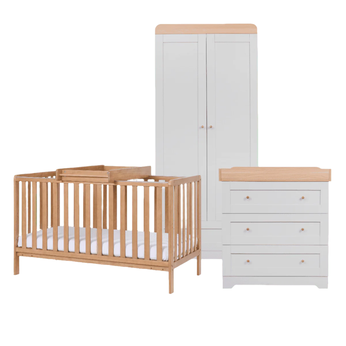 Cutout of the Malmo cot bed with changing top, Rio wardrobe and chest changer in dove grey and oak for a cohesive nursery set