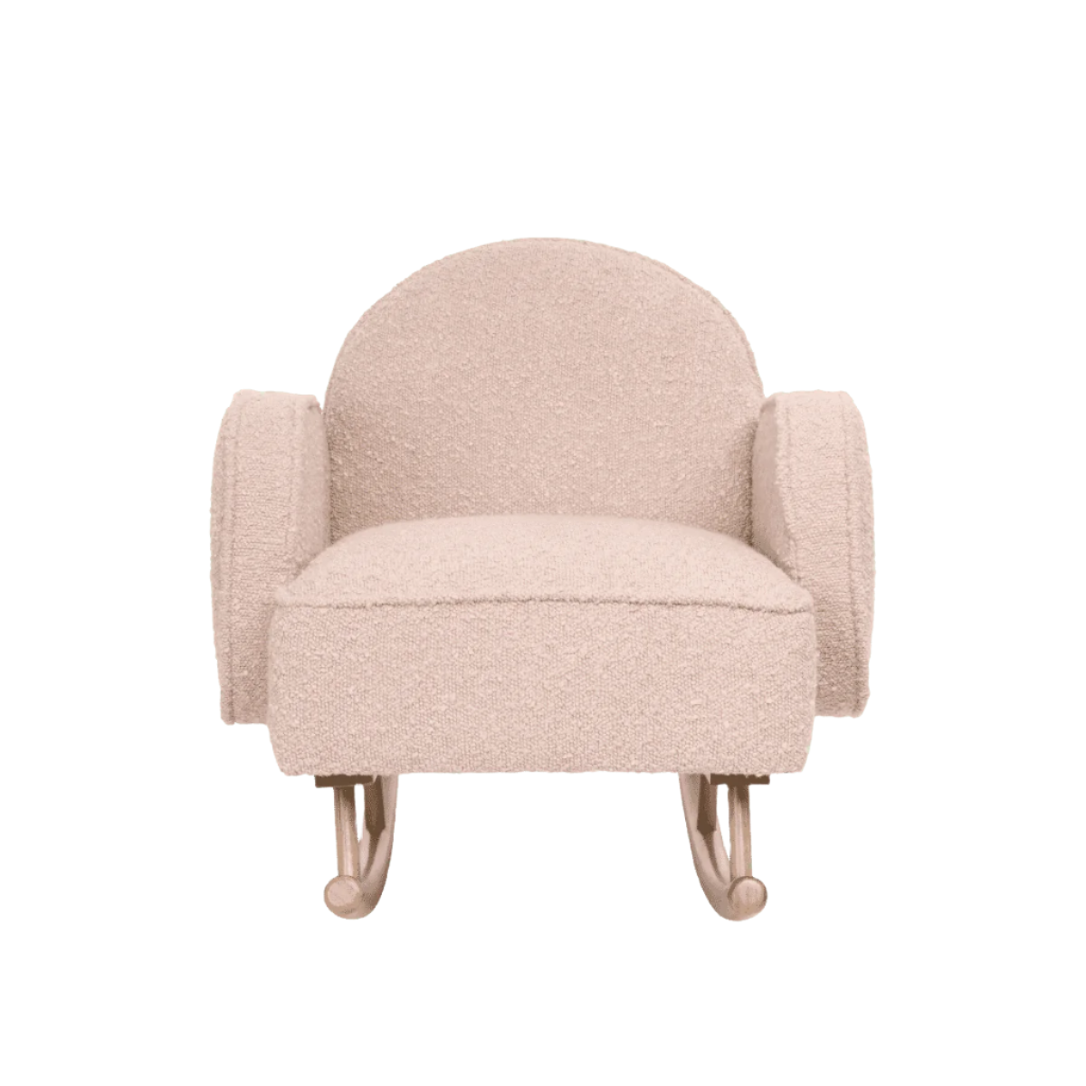 Front view of Micah Mini Me Rocking Chair in blush boucle featuring wide padded seat for toddler comfort.