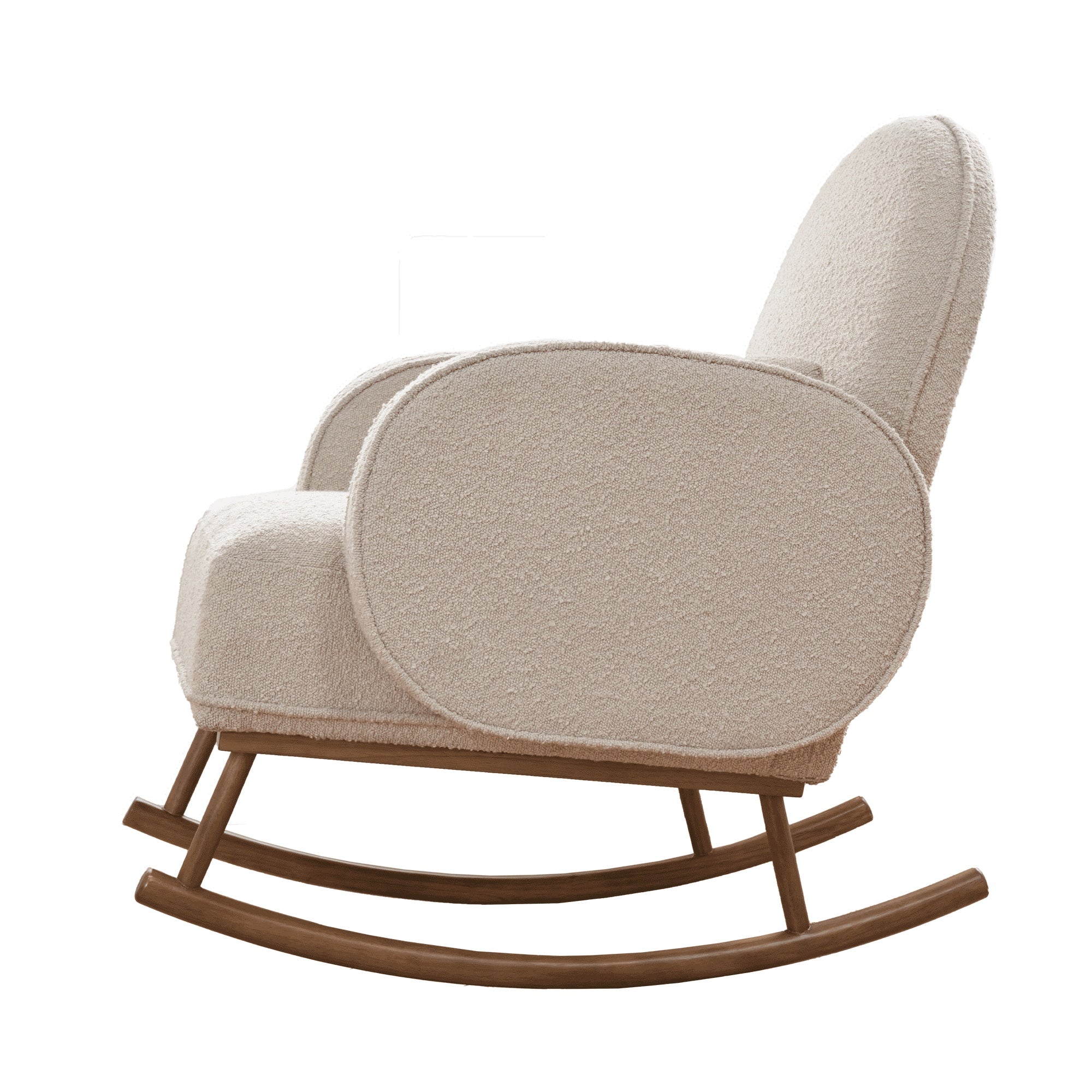Side view of the Micah rocking chair in biscuit boucle on white background, showing wooden curved rocking base and plush upholstered design.