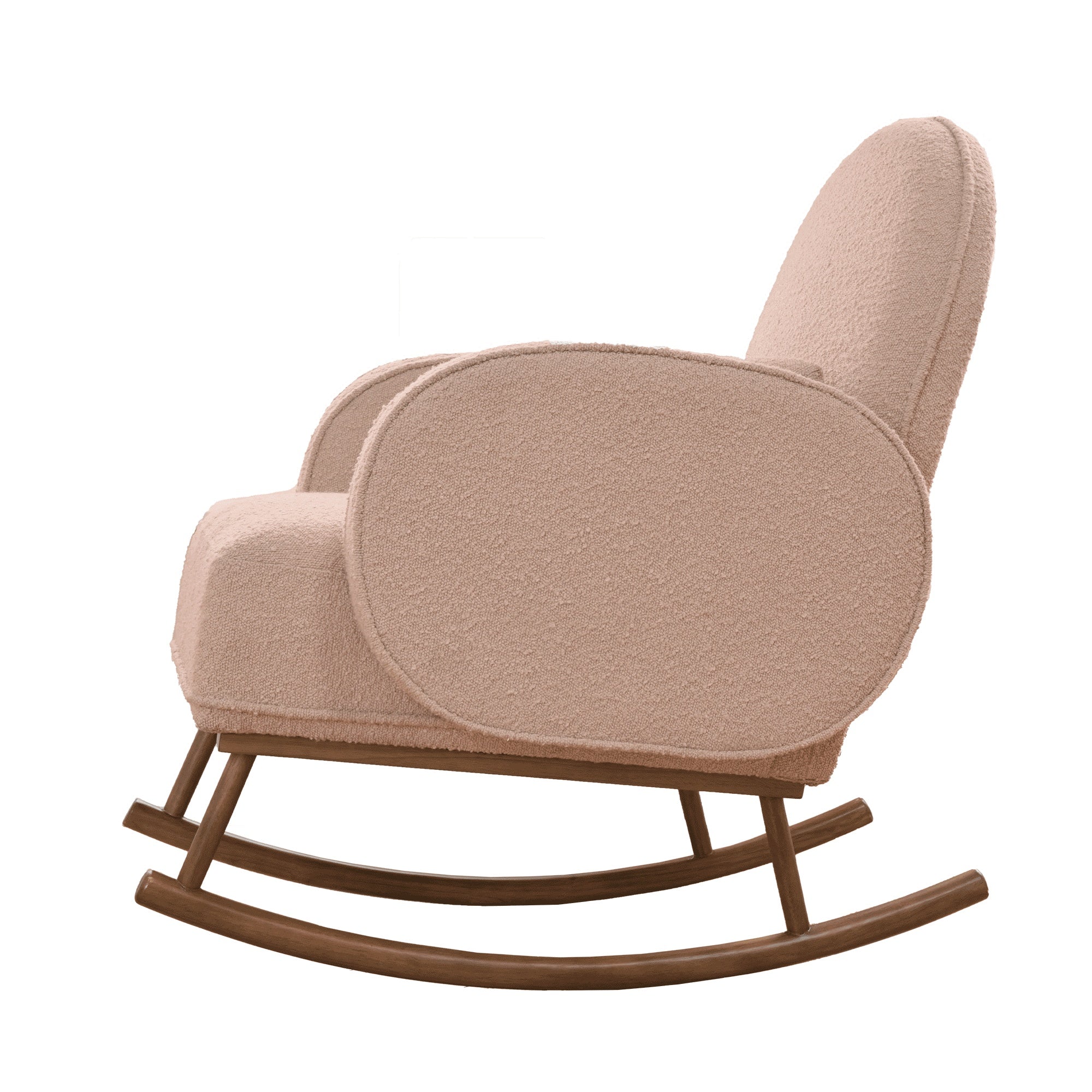 Side view of Micah Rocking Chair in boucle blush on white background, featuring curved wooden rockers and generously padded seat and armrests for comfort and style