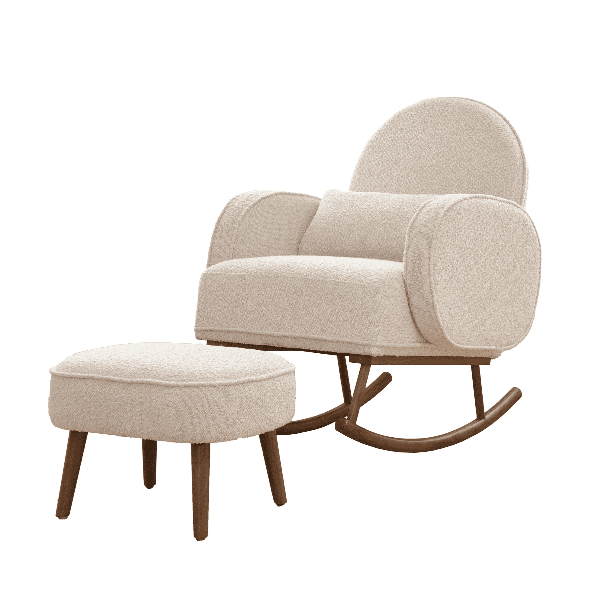 Micah rocking chair and footstool set in fresh cream, featuring plush padded arms and curved wooden base.