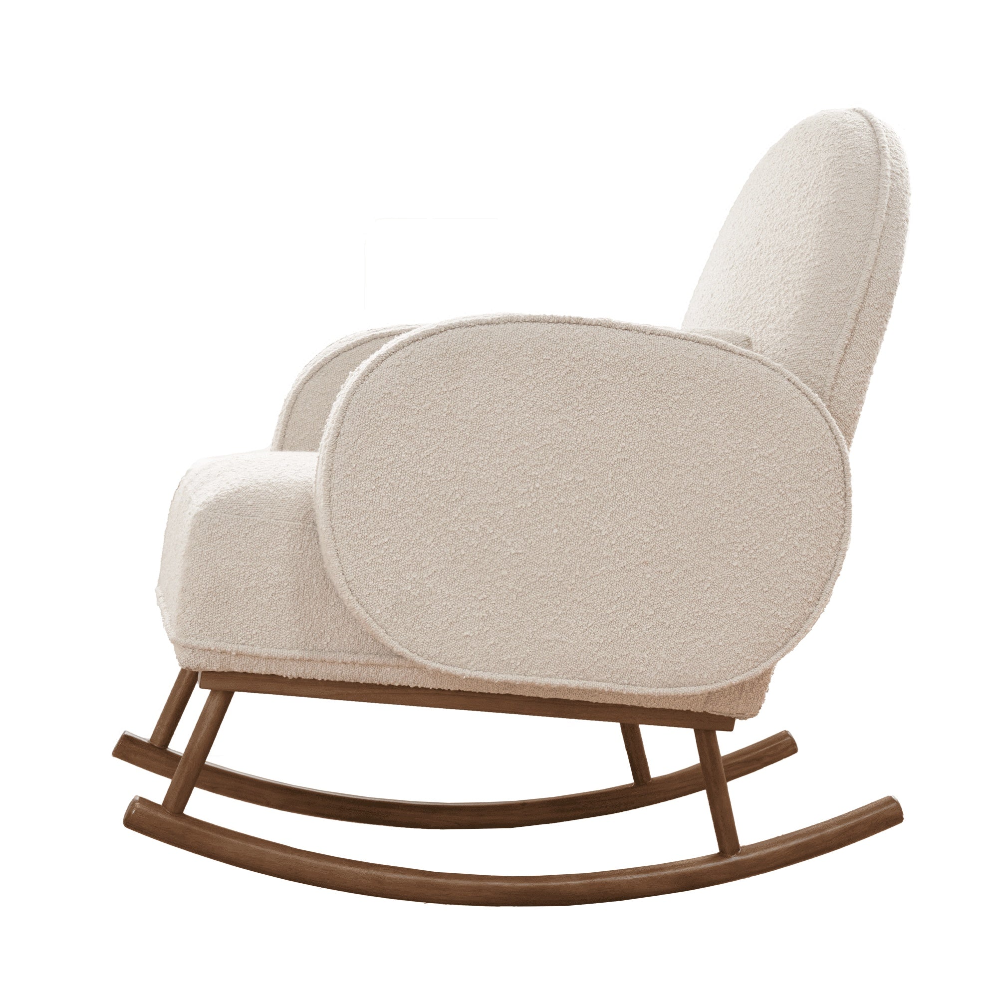 Side view of the Micah rocking chair in fresh cream on white background, showing wooden curved rocking base and plush upholstered design.