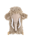 Front cutout view of Mimi the Mammoth rocking toy, highlighting embroidered facial details, plush fabric and gentle curved rockers
