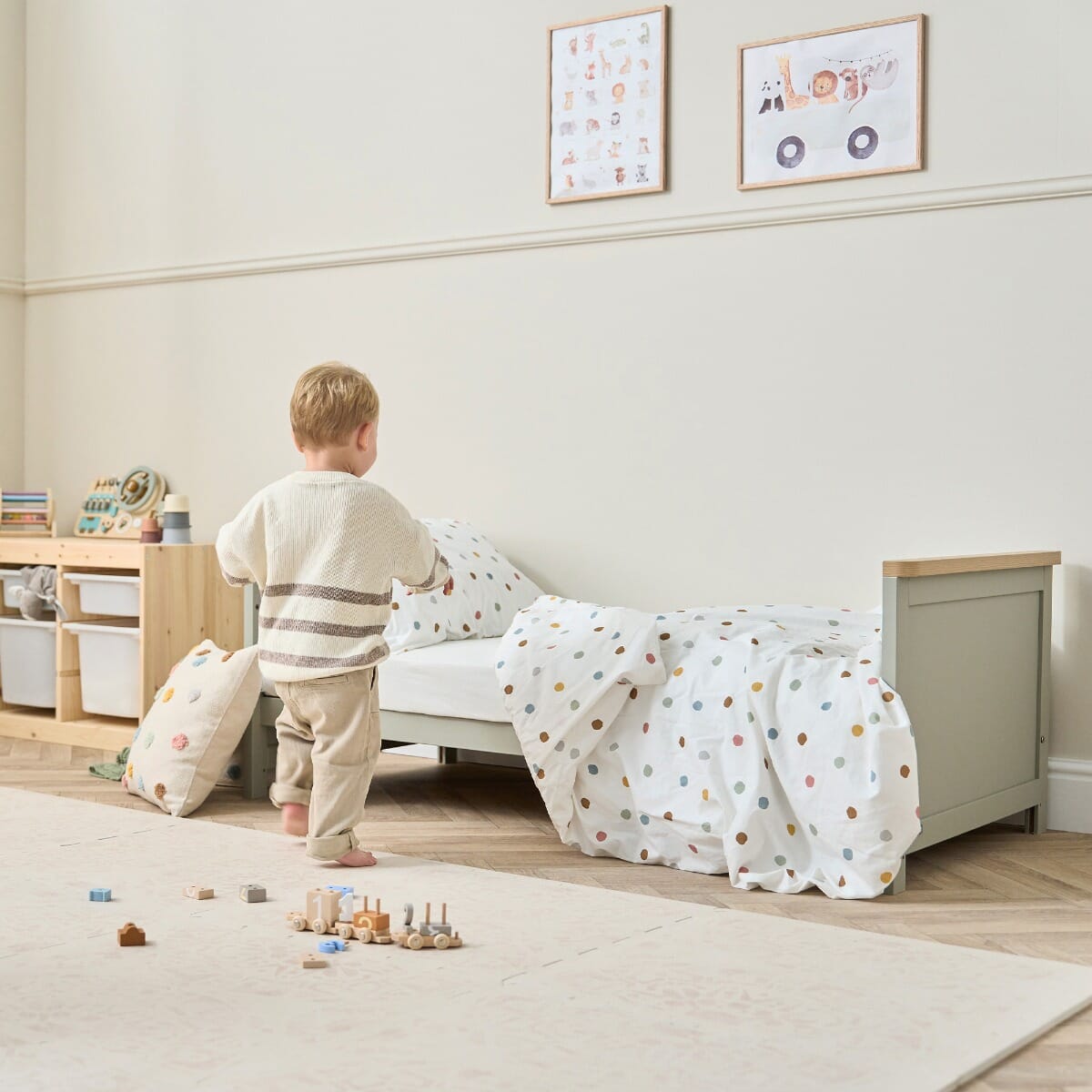 Misha Cot Bed in Sage & Golden Oak - lifestyle image in junior bed mode
