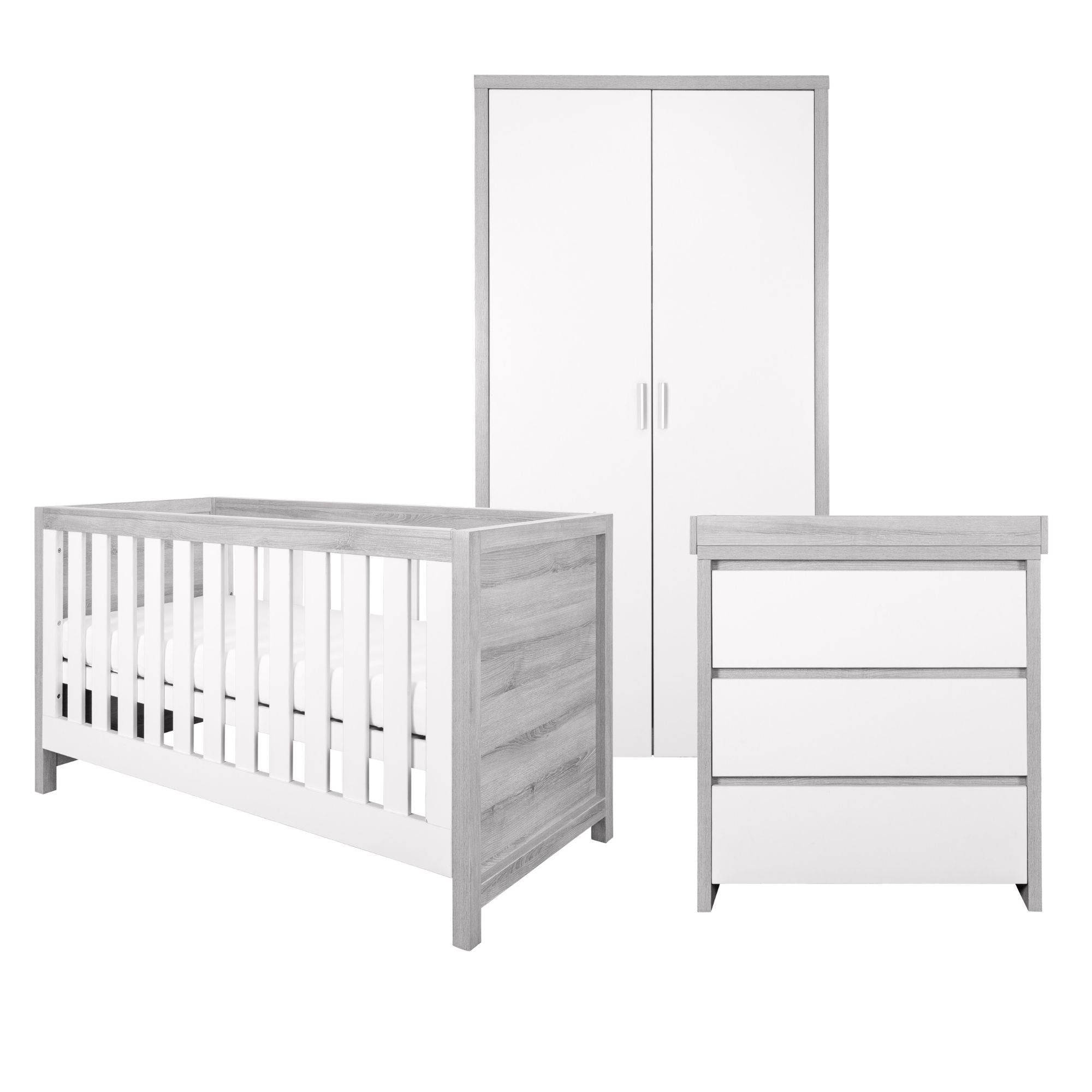 Modena 3-piece nursery furniture set in grey ash and white, including cot bed, changing unit, and wardrobe, displayed on white background for a full product overview