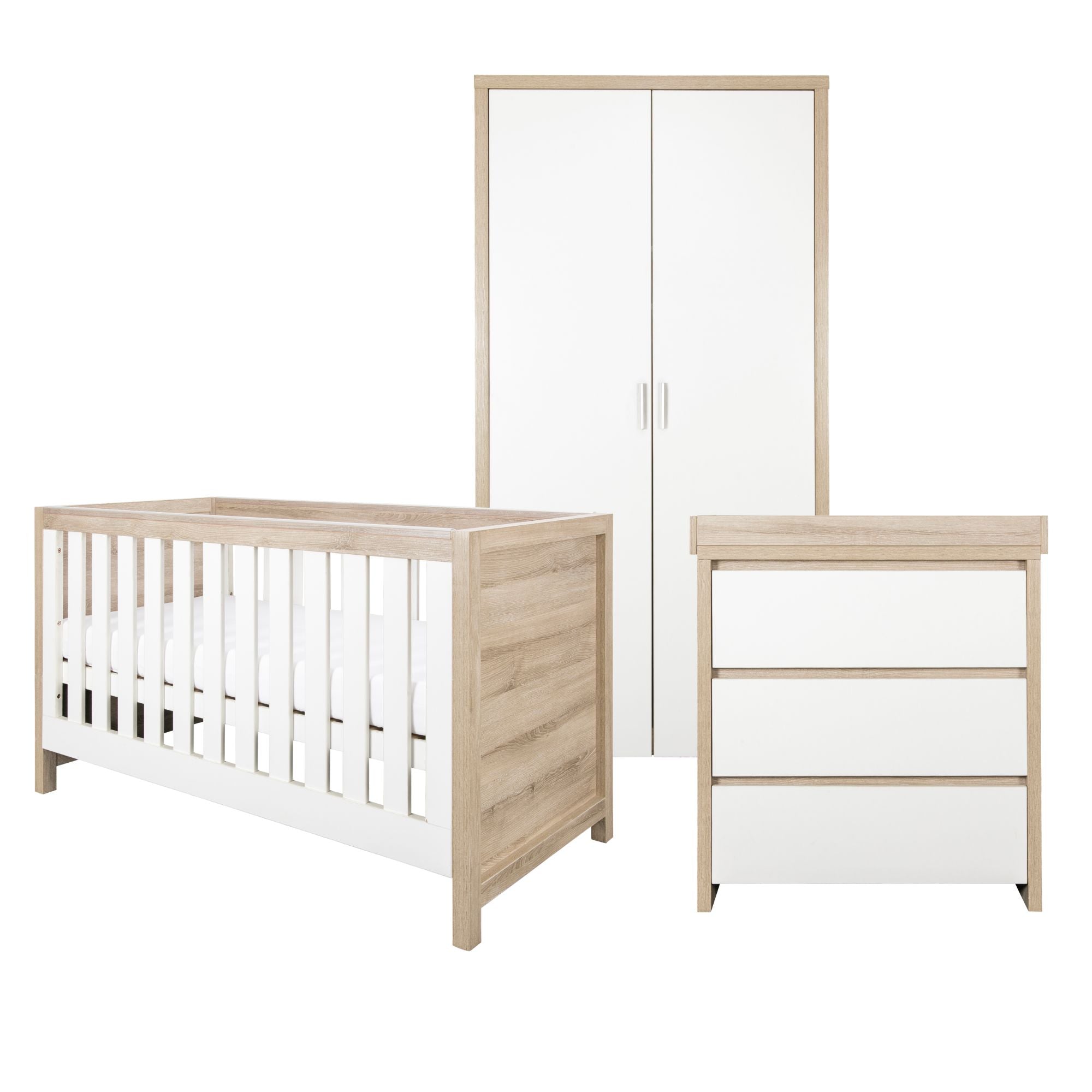 Modena 3 Piece Room Set in White and Oak including cot bed, chest changer, and wardrobe, offering a coordinated nursery furniture solution in a bright, contemporary style.
