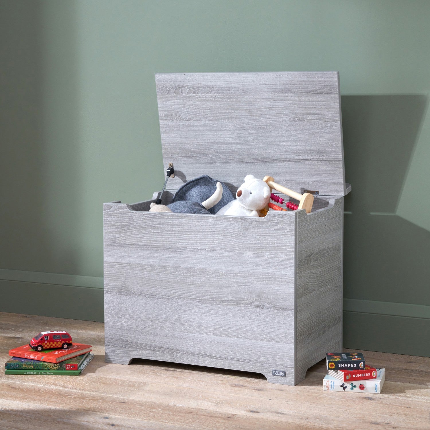 Modena Toy Box Grey Ash displaying a large internal space perfect for storing toys, books, games, and playroom essentials