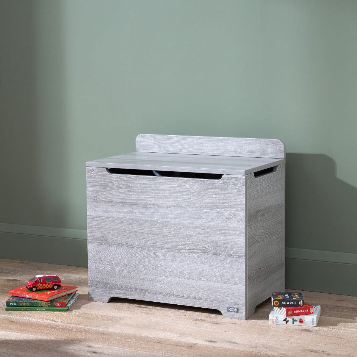 Modena Toy Box Grey Ash styled in a modern children's room, blending sleek design with practical, high-capacity storage