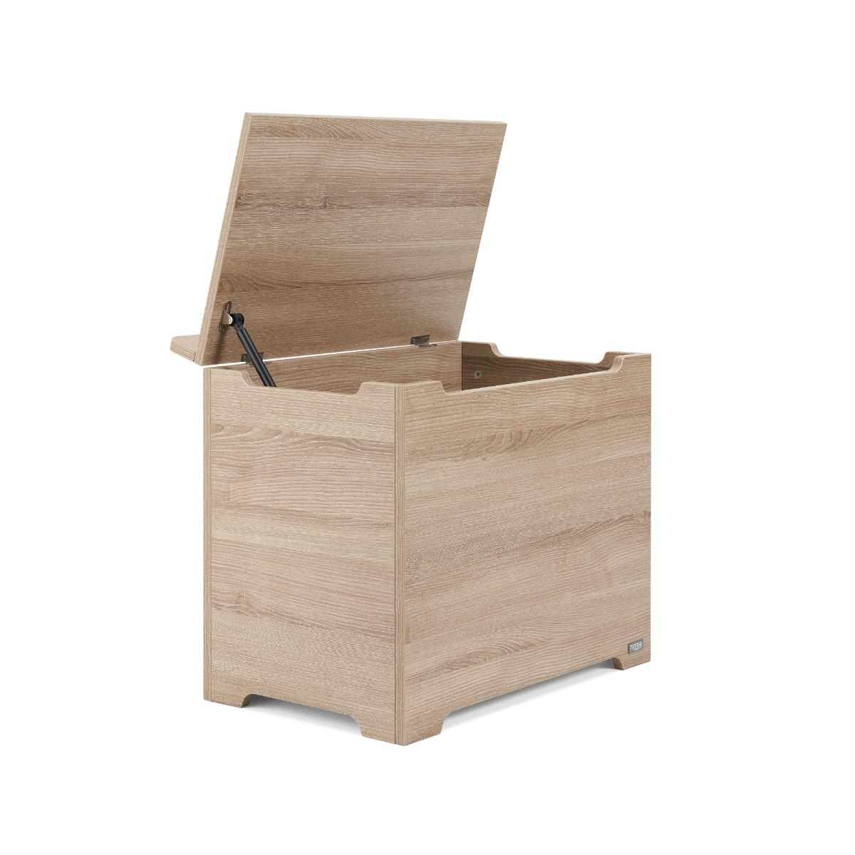 Modena Toy Box Oak with child-safe rounded edges and a gap-front opening to allow safe and easy access