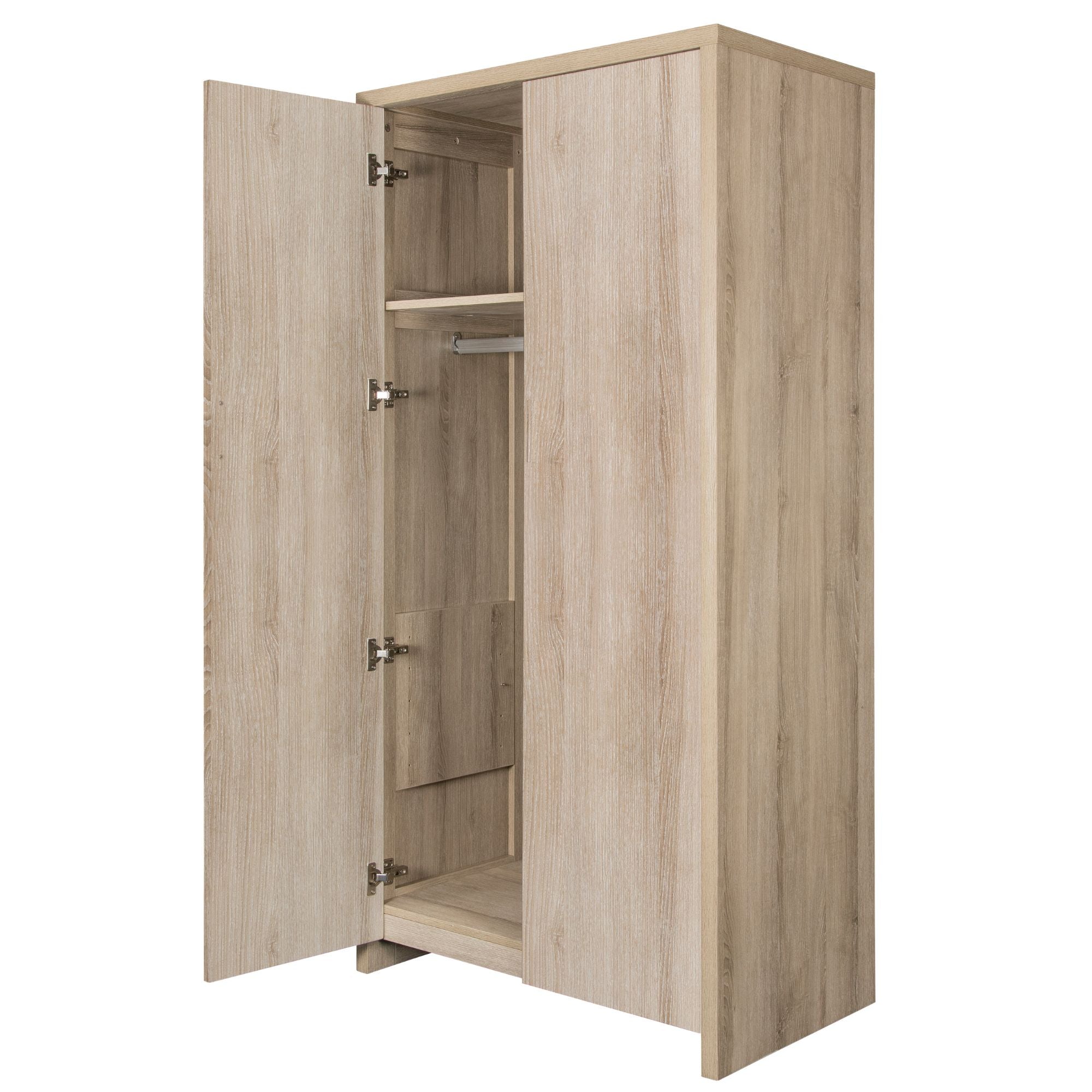 Modena wardrobe in oak finish with one door open on white background, showing internal shelving and hanging rail for efficient organization of baby and children's essentials.