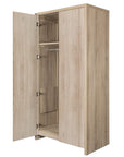 Modena wardrobe in oak finish with one door open on white background, showing internal shelving and hanging rail for efficient organization of baby and children's essentials.