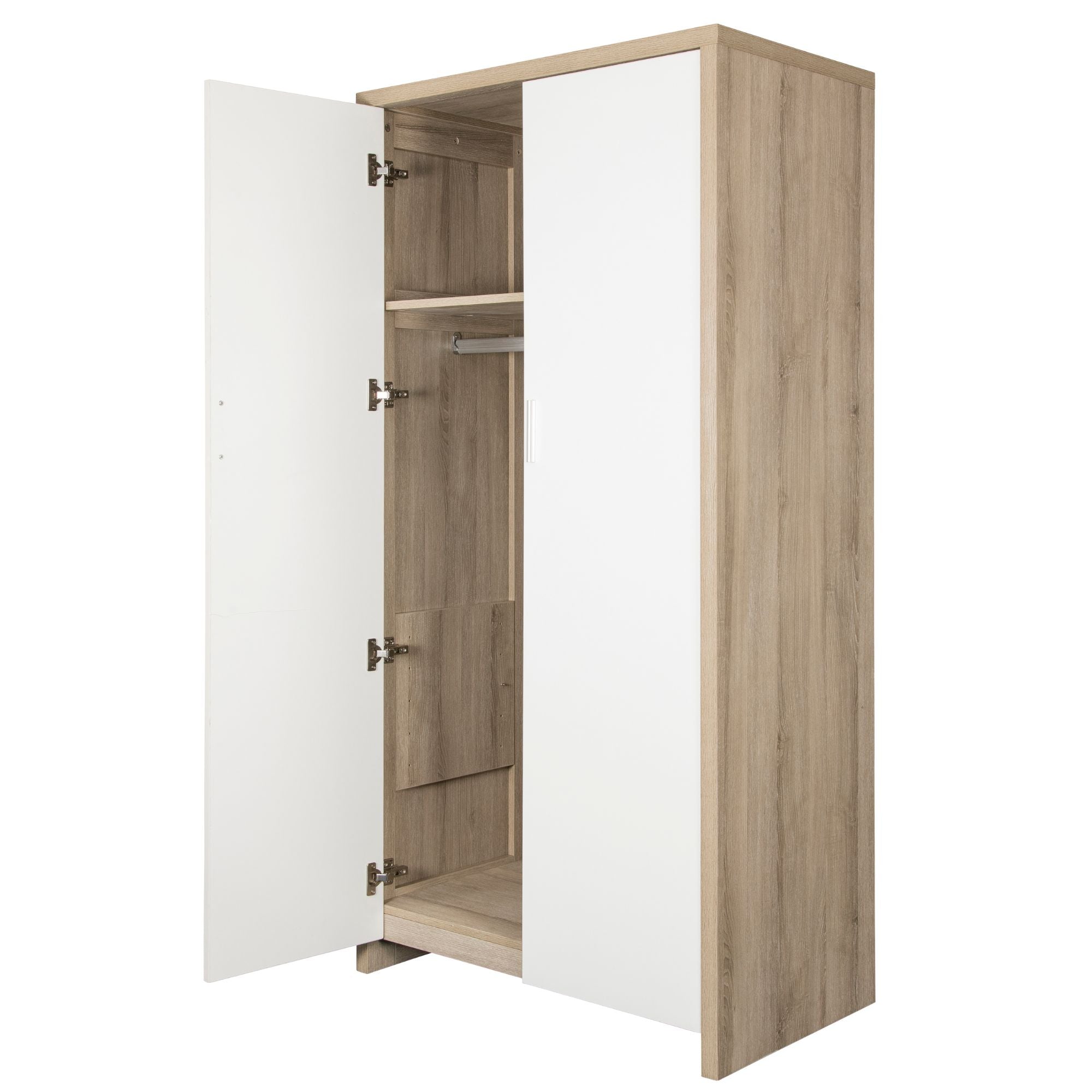 Modena wardrobe in white and oak  featuring a hanging rail and shelf for organized storage of children's clothing and accessories