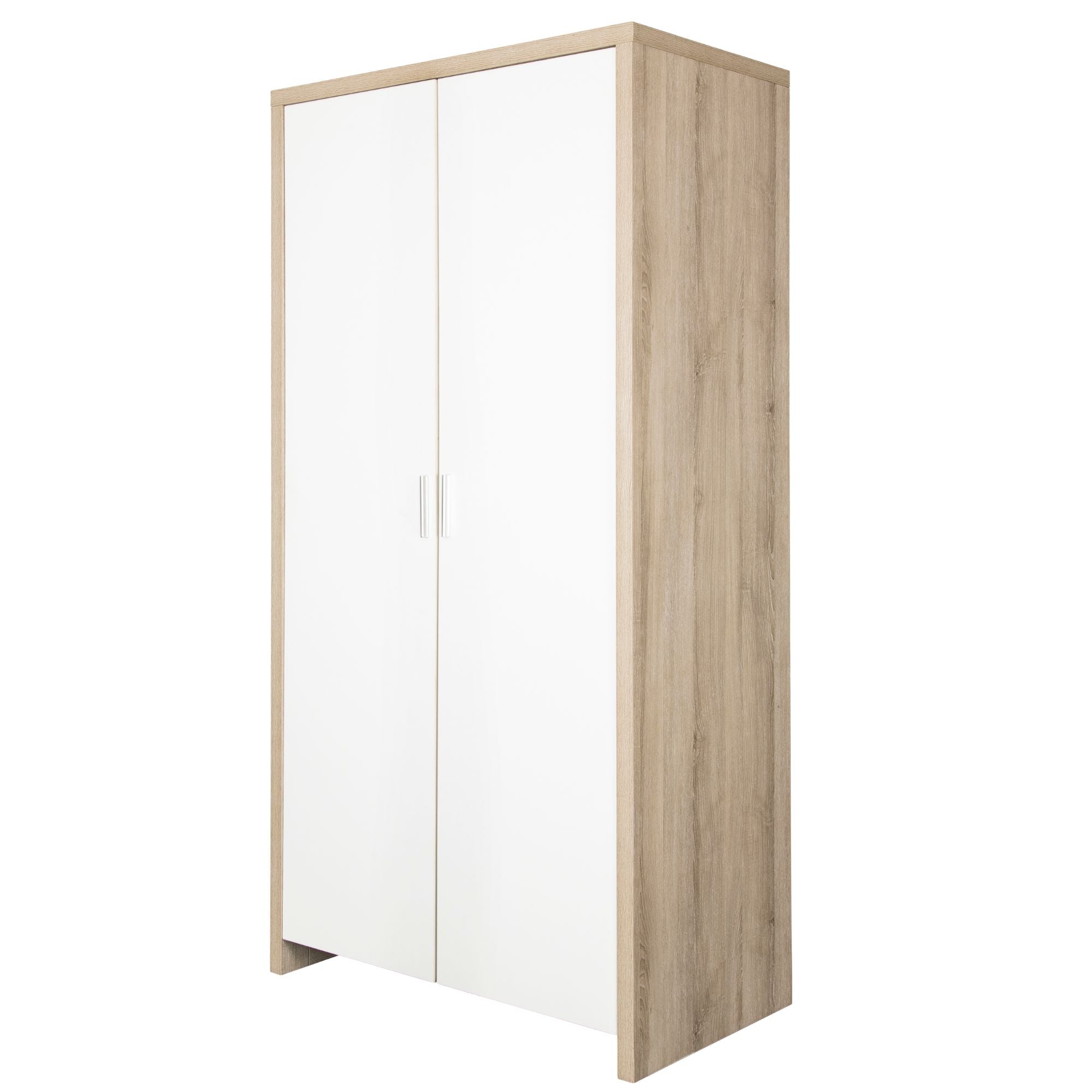 Modena wardrobe in white and oak with closed white doors and natural oak frame, providing a sleek and contemporary storage solution for children's bedrooms, shown on white background.