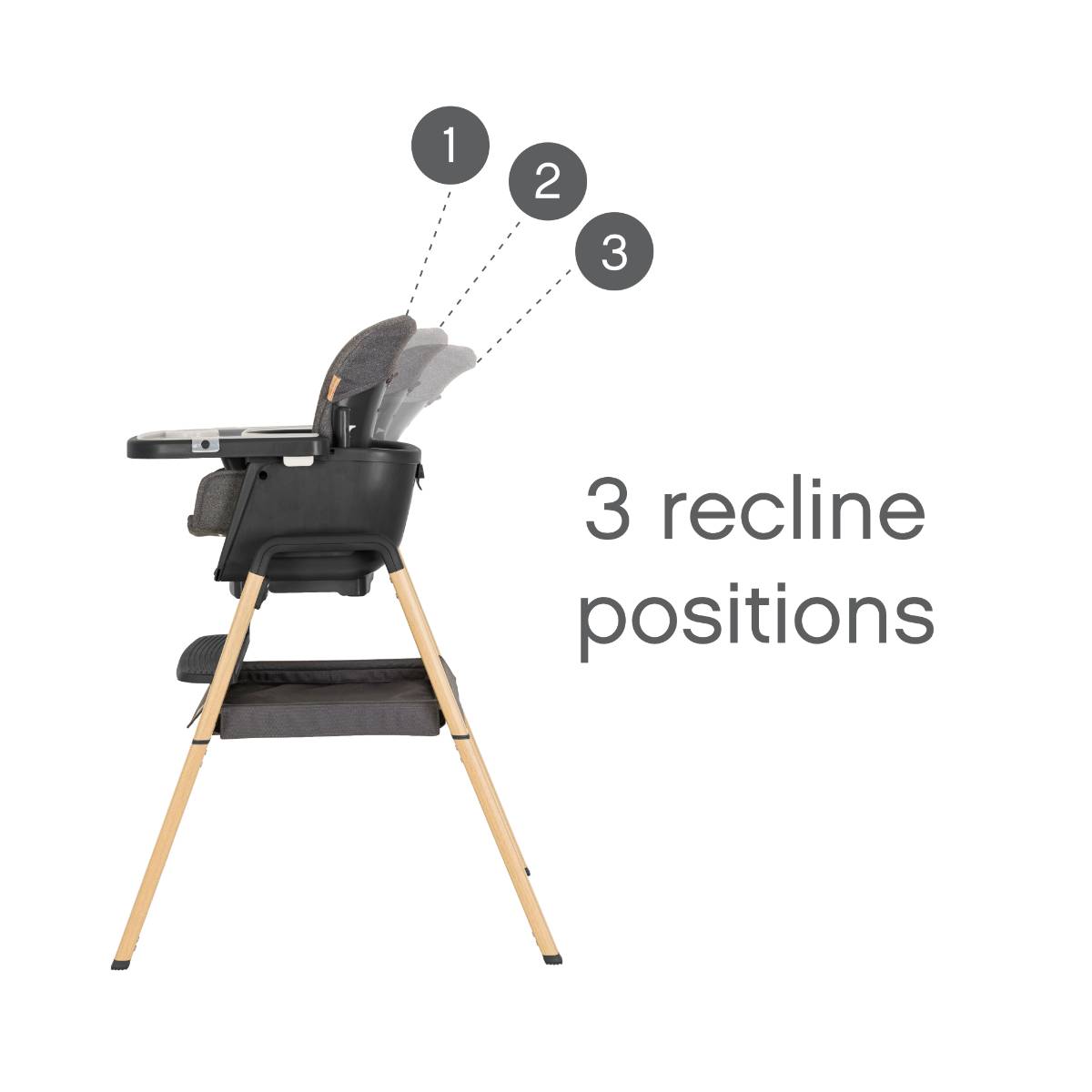 Side view of the Nova highchair in Grey and Oak, highlighting the three recline positions for adaptable comfort.